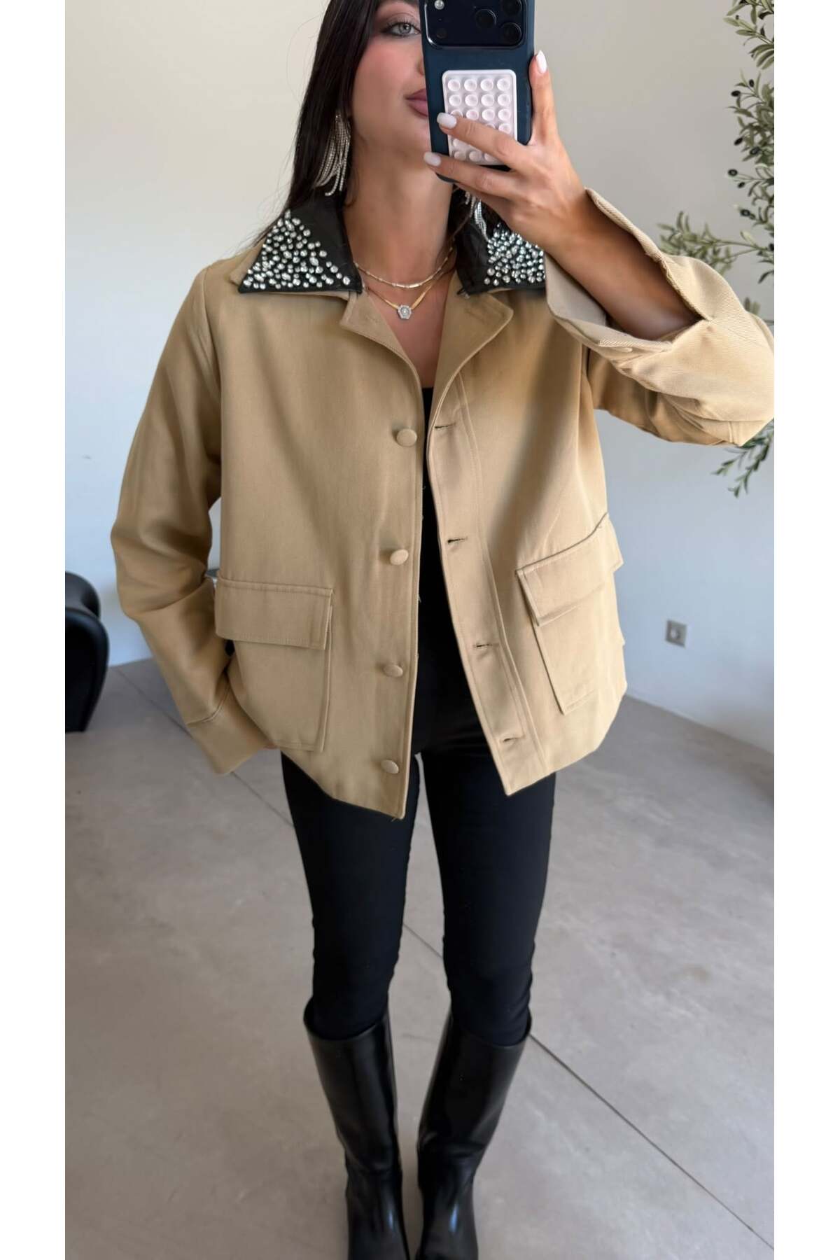 Bade Butik Camel Deri Yaka Taşlı Ceket görsel 3