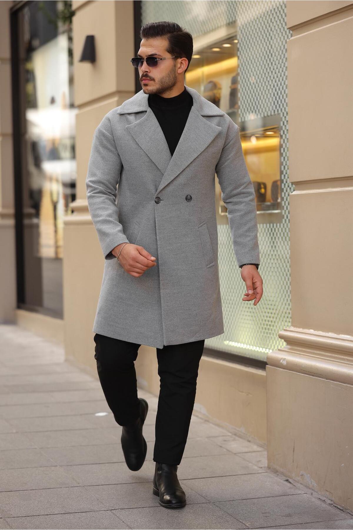 Oversize Kruvaze Yaka Düğmeli Kaban — خاکستری OKBN — تصویر 2 از 4