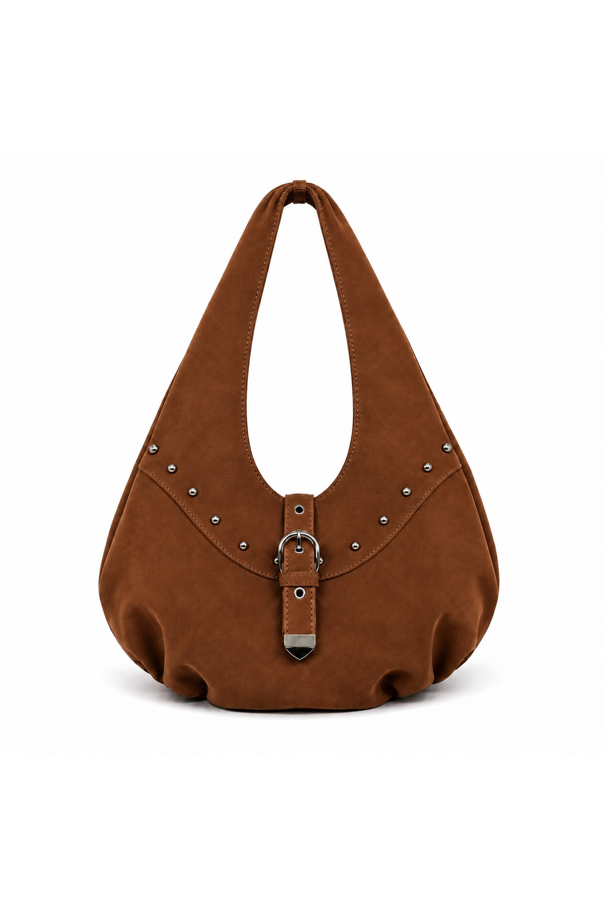 Elviora Noire Stud Kadın Taba Süet Hobo Omuz Çantası – Silver Tokalı Metal Detaylı Geniş Model