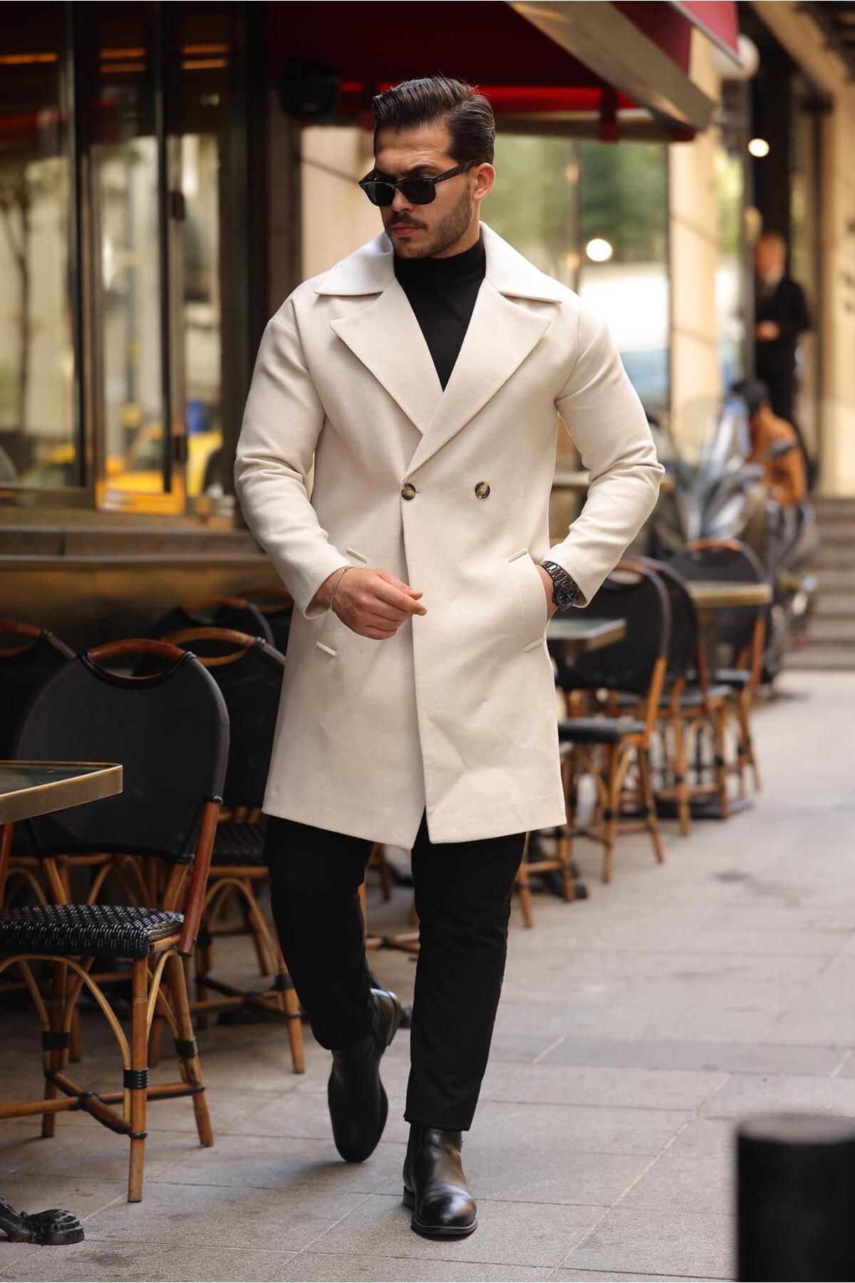 Oversize Kruvaze Yaka Düğmeli Kaban — کرم OKBN — تصویر 2 از 4