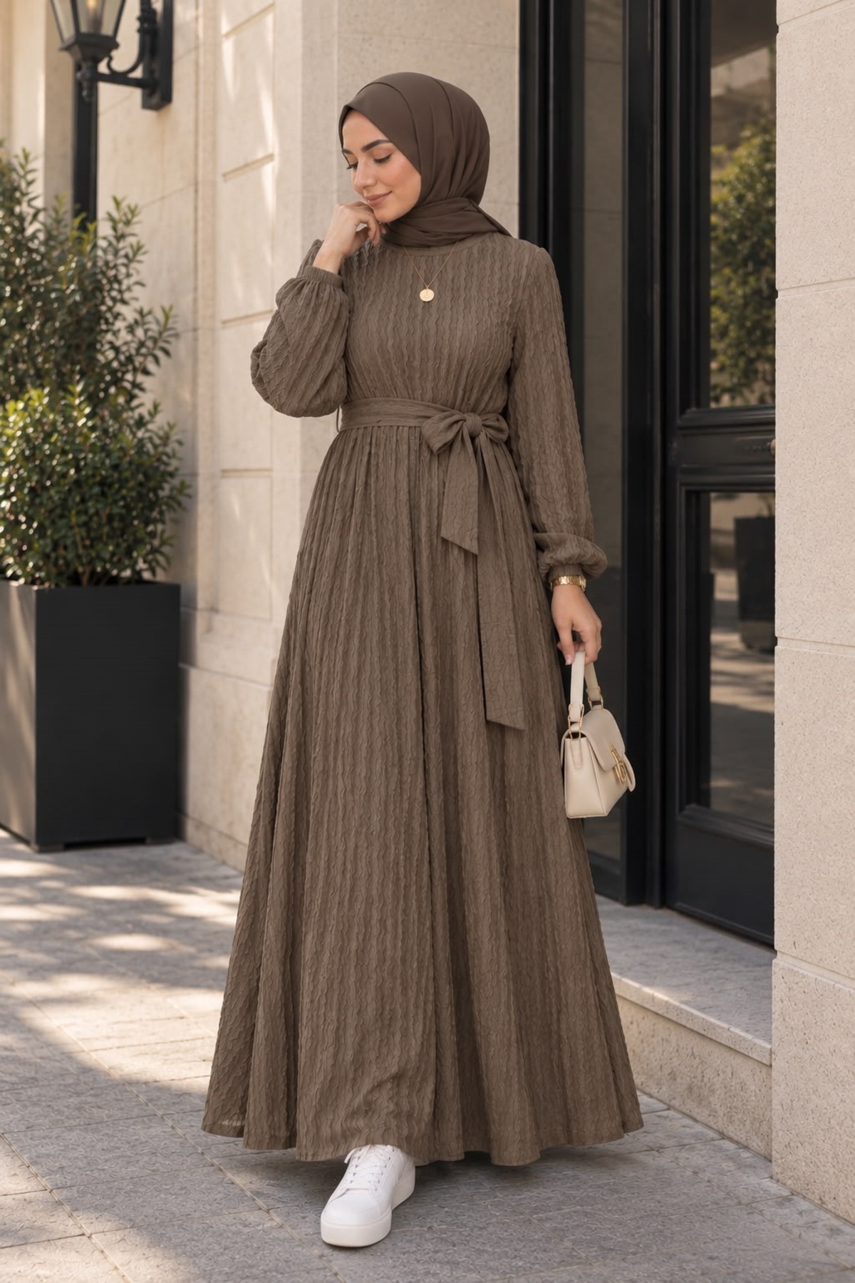Wise&Go Store Kadın Kuşaklı Dokulu Tesettür Elbise, Uzun Kollu Günlük Elbise