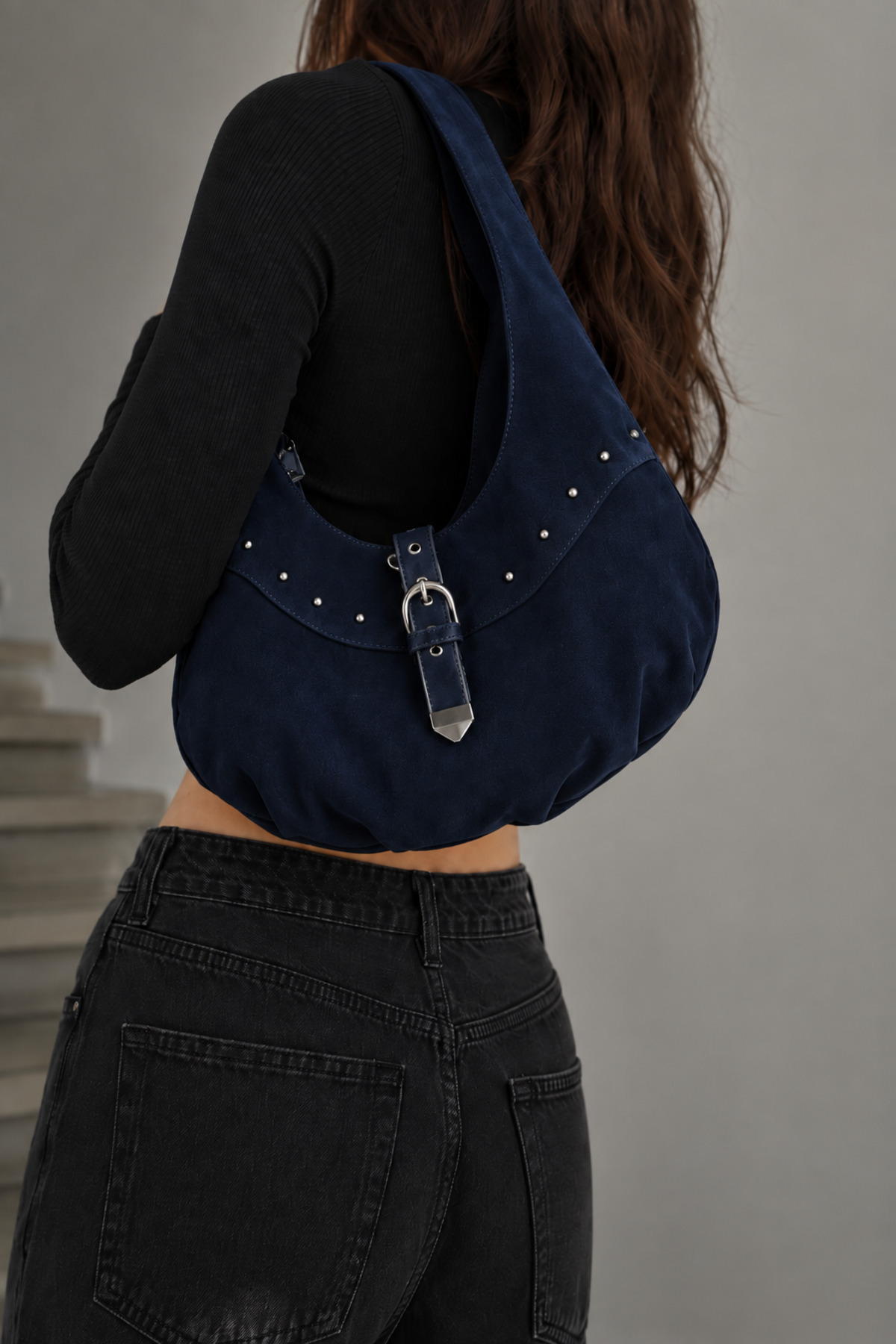 Elviora Noire Stud Kadın Lacivert Süet Hobo Omuz Çantası, Silver Tokalı Metal Detaylı Geniş Model görsel 6