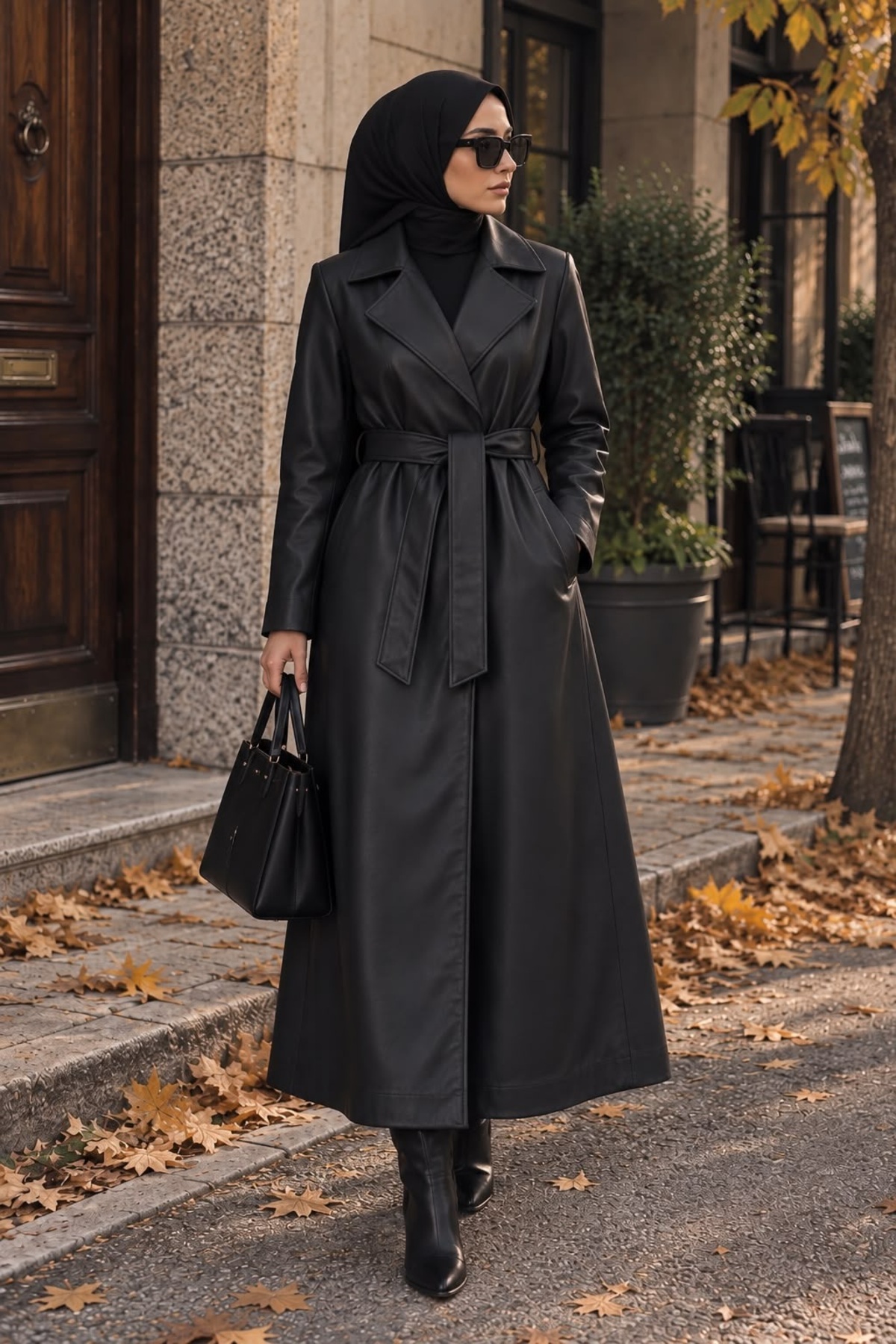 Wise&Go Store Kadın Deri Görünümlü Kuşaklı Uzun Oversize Trençkot görsel 3