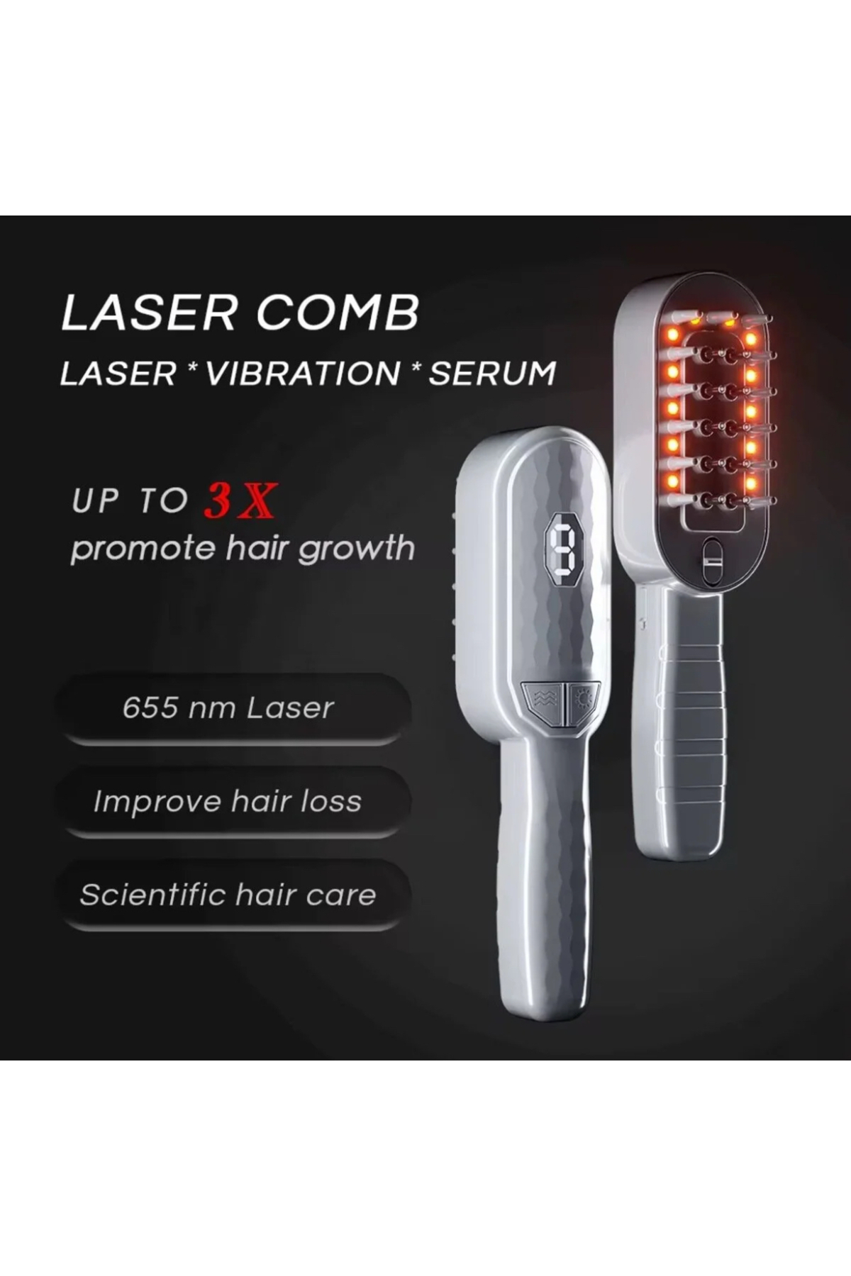 Saç Derisi Masaj Tarağı 655nm Kırmızı Işık Terapisi & Serum Uygulayıcı Tarak Titreşimli Saç Bakım Cihazı — 57474 — تصویر 5 از 9