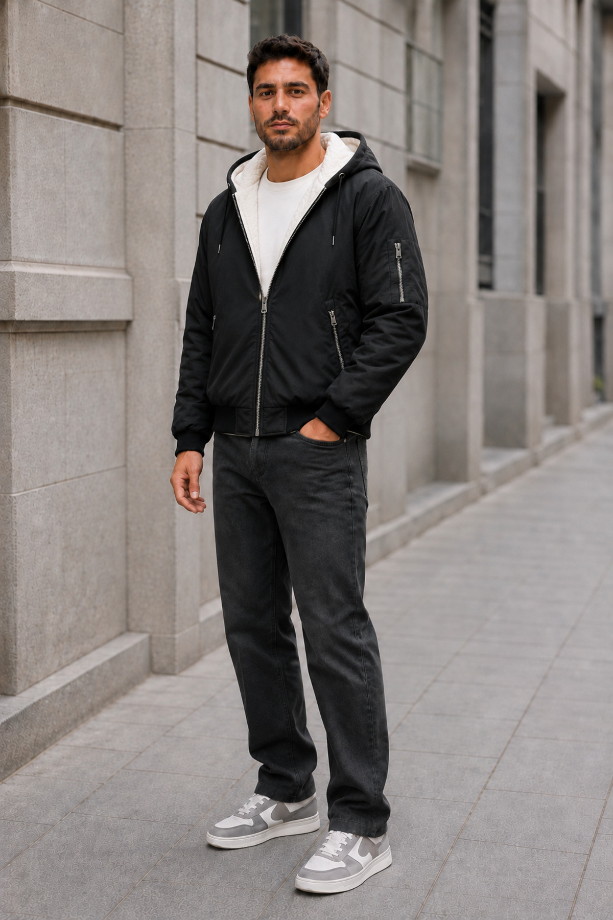 İçi Peluş Astarlı Kapüşonlu Fermuarlı Bomber Ceket — مشکی OTK25-CYB-02 — تصویر 6 از 7