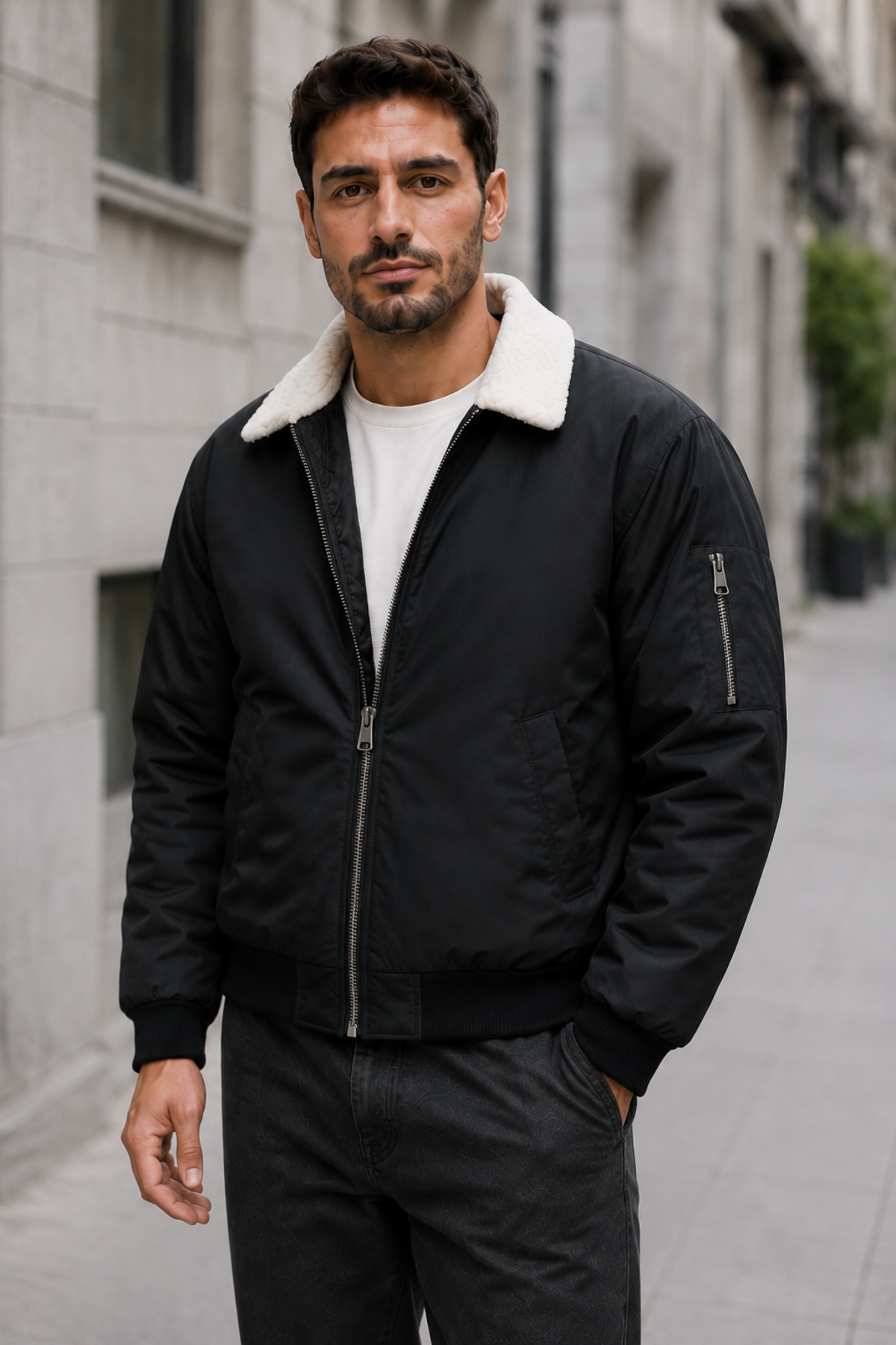 Kürk Detay Yakalı Fermuarlı Kışlık Bomber Ceket — مشکی OTK25-CYB-02 — تصویر 4 از 6