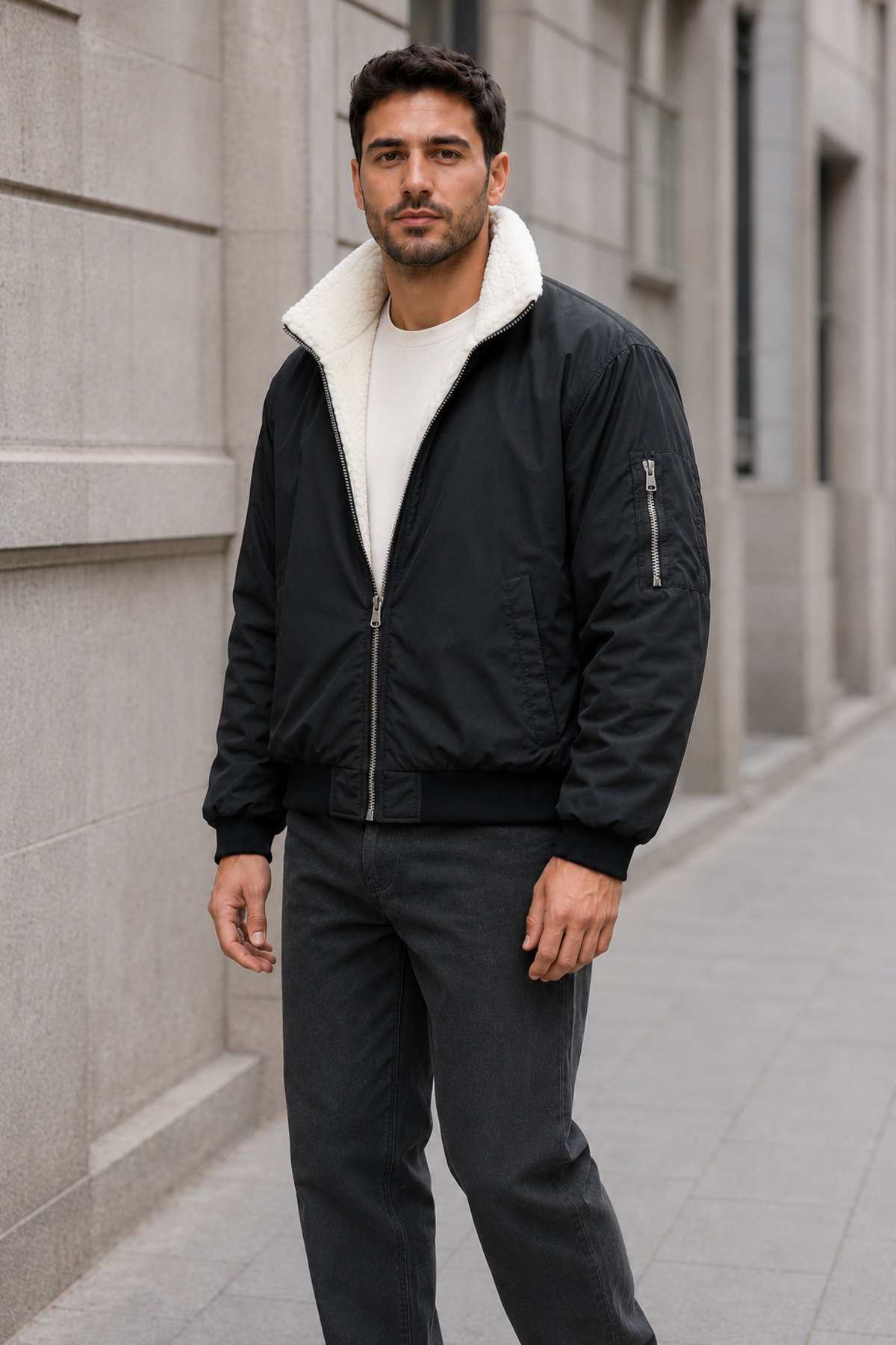 Çift Taraflı Dik Yaka Bomber Ceket — مشکی OTK25-CYB-03 — تصویر 6 از 8