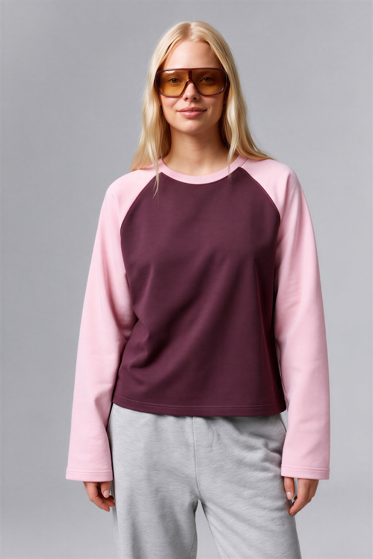 CrepTekstil Kadın Çift Renkli Reglan Kollu Bisiklet Yaka Uzun Kollu Oversize Sweatshirt 3iplik Şardonsuz- Pembe Mürdüm görsel 5