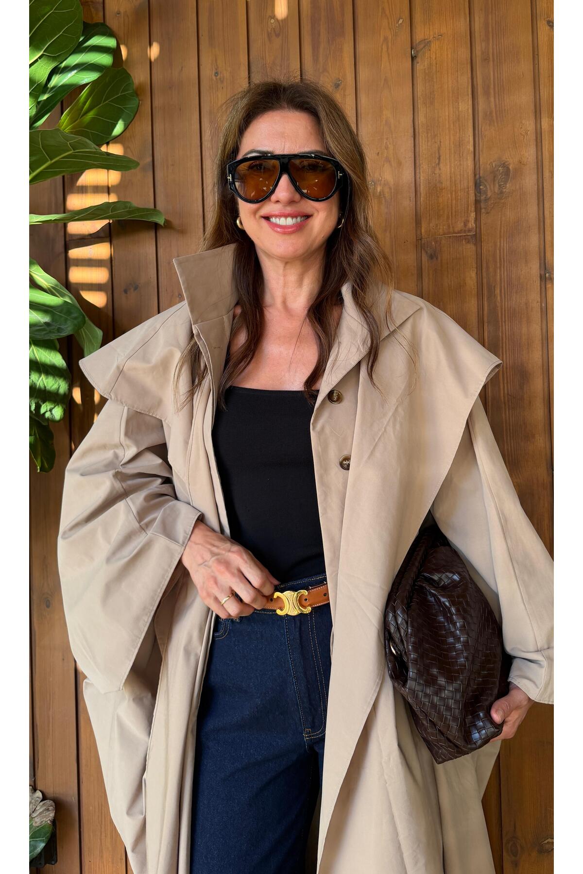 Aurélie Bej Oversize Pelerin Detaylı Uzun Trençkot görsel 2