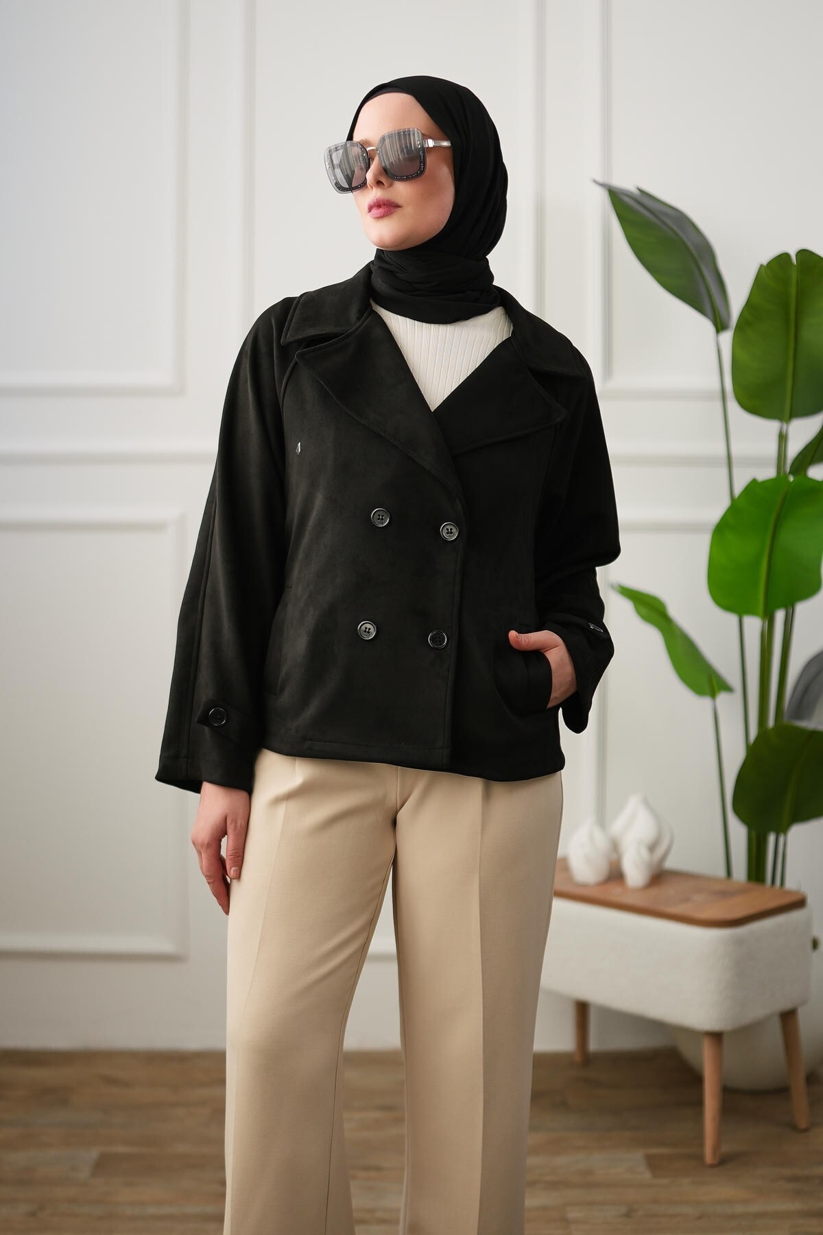 Arze Store Kuşaklı Çift Düğmeli Süet Trençkot - Siyah görsel 4