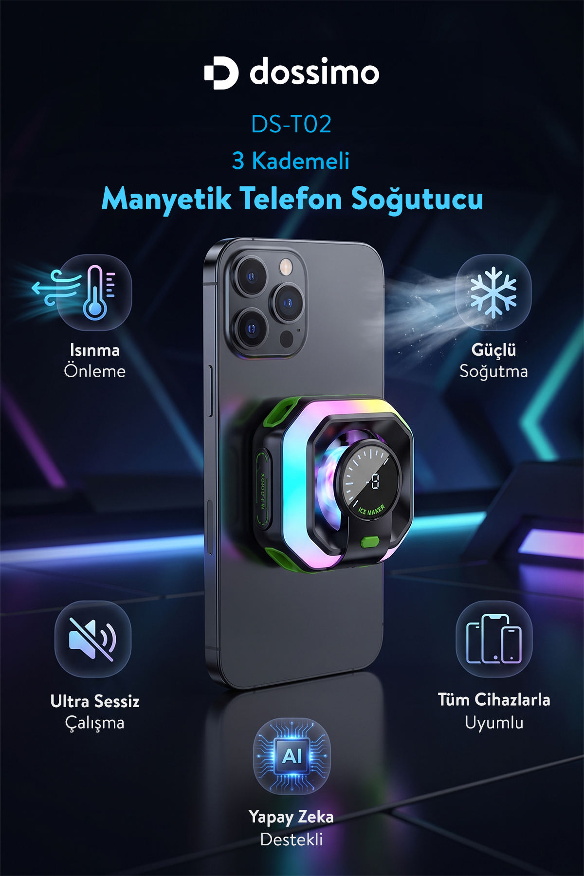 Dossimo Magsafe Manyetik Sessiz Telefon ve Tablet Soğutucu RGB Işıklı Yapay Zeka Destekli DS-T02