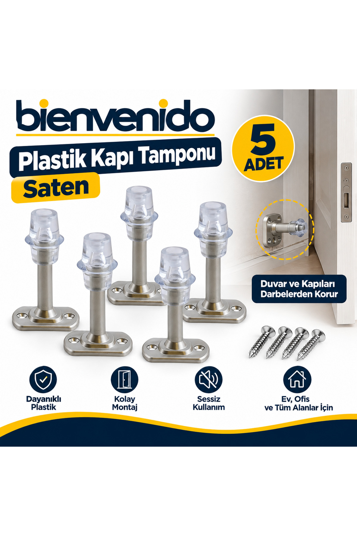 Kapı Kolu Stoperi Tamponu Durdurucusu Tutucu Tutacağı Plastik Saten 8 Cm Kapı Stopu Silikonlu 5 Adet