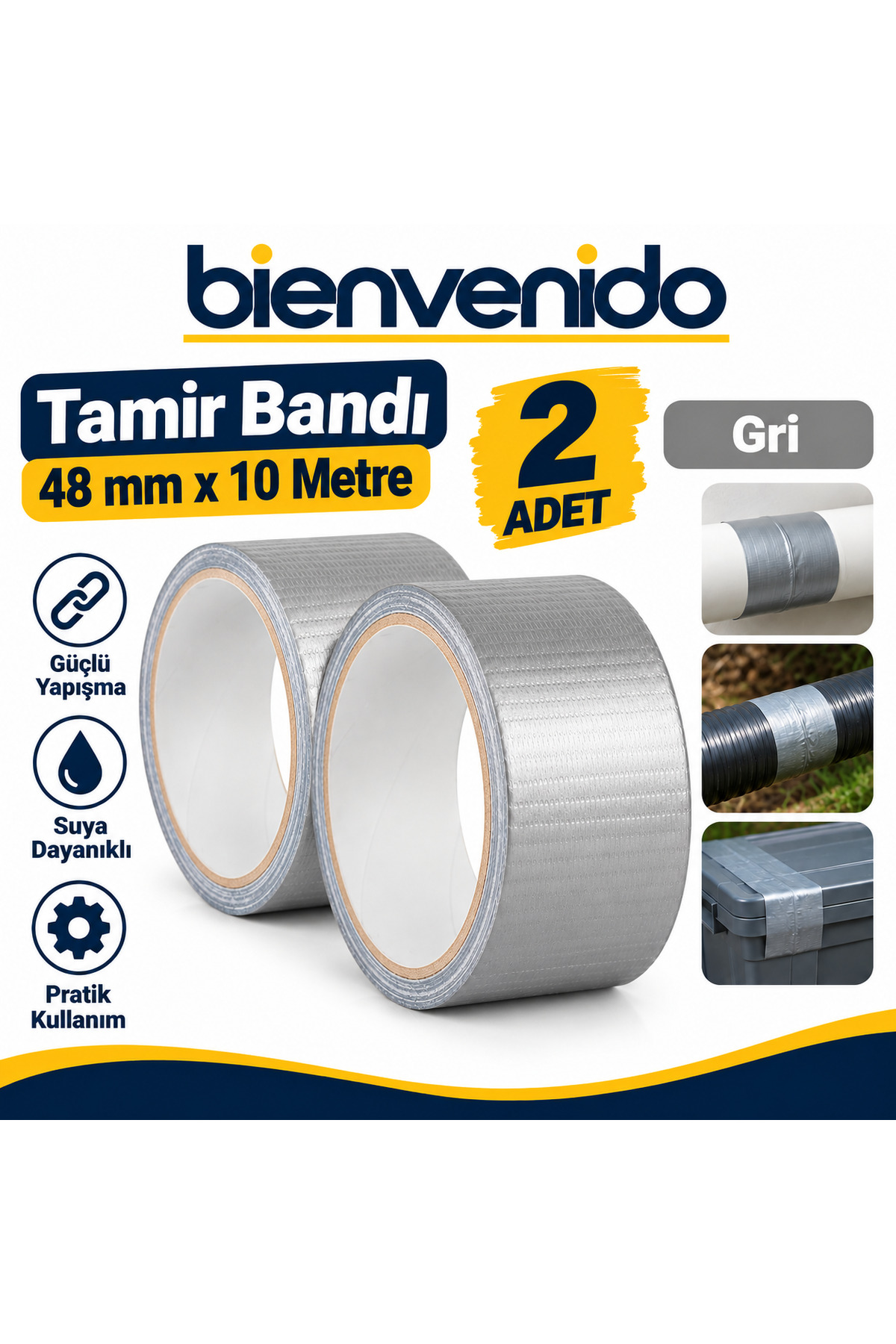 Gri Tamir İzolasyon Bandı 48 Mm X 10 Metre Genel Duct Tape Su Geçirmez Sızdırmazlık Takviye Bantları 2 Adet BIE-TB-48X10-GRI2, one size