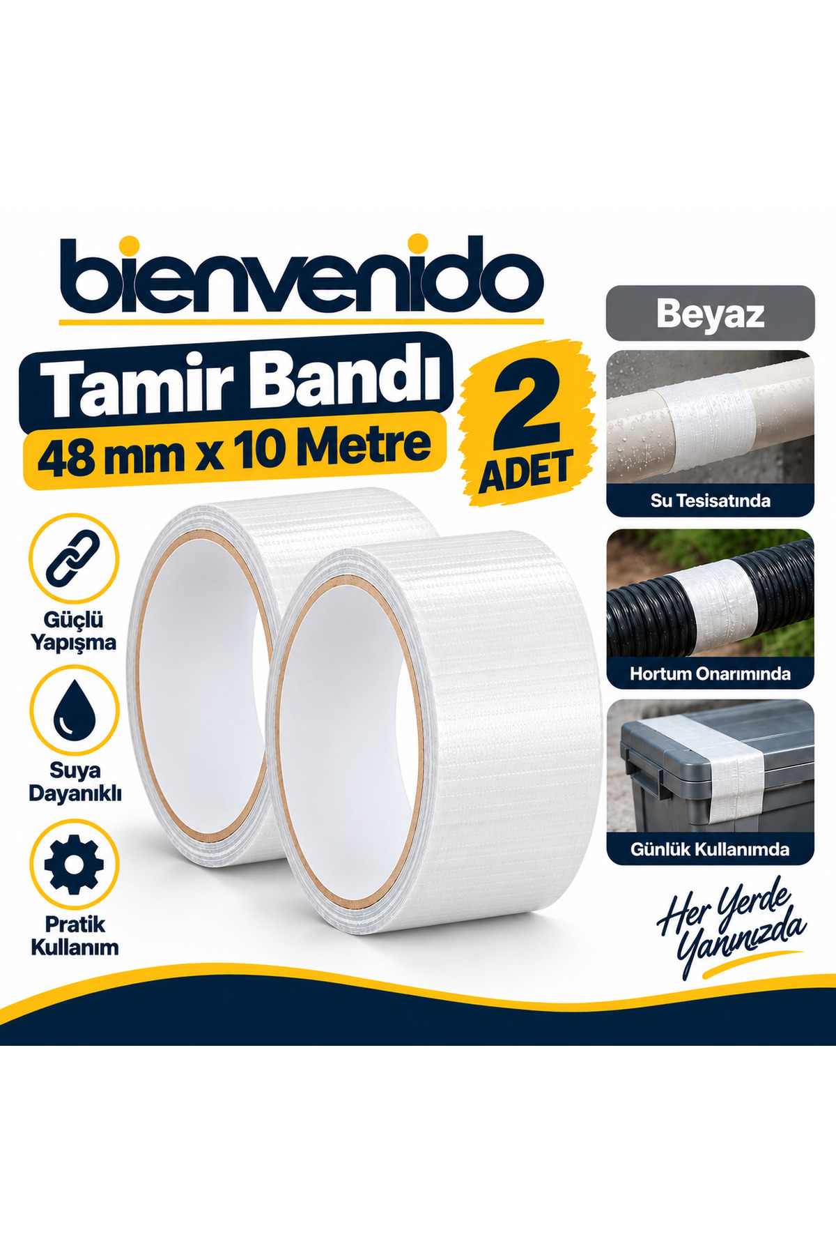 Beyaz Tamir İzolasyon Bandı 48 Mm X 10 Metre Genel Duct Tape Su Geçirmez Sızdırmazlık Takviye Bantları BIE-TB-48X10-BEY, one size