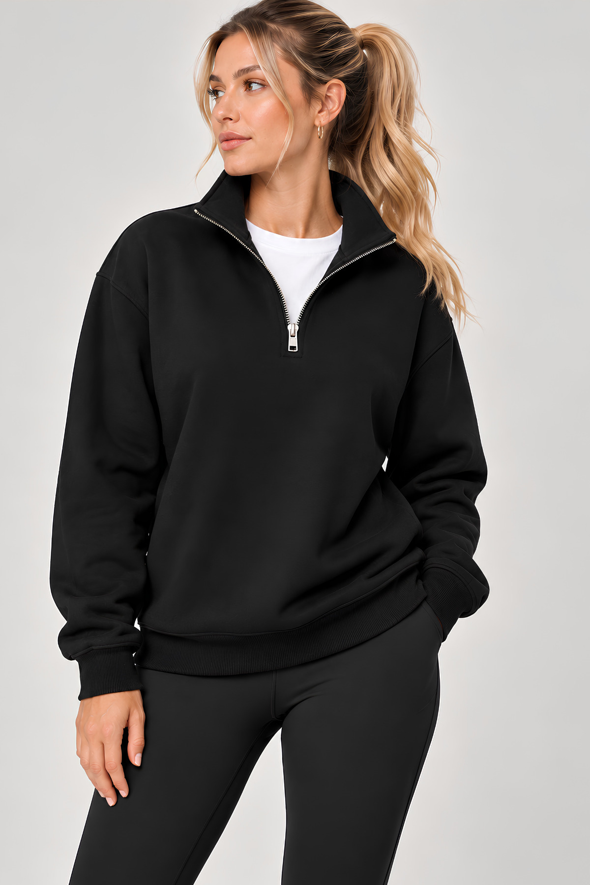 GENIUS STORE Kadın Sweatshirt Dik Yaka Yarım Fermuarlı Oversize Kalıp İçi Polarlı Kadın Spor Sweatshirt