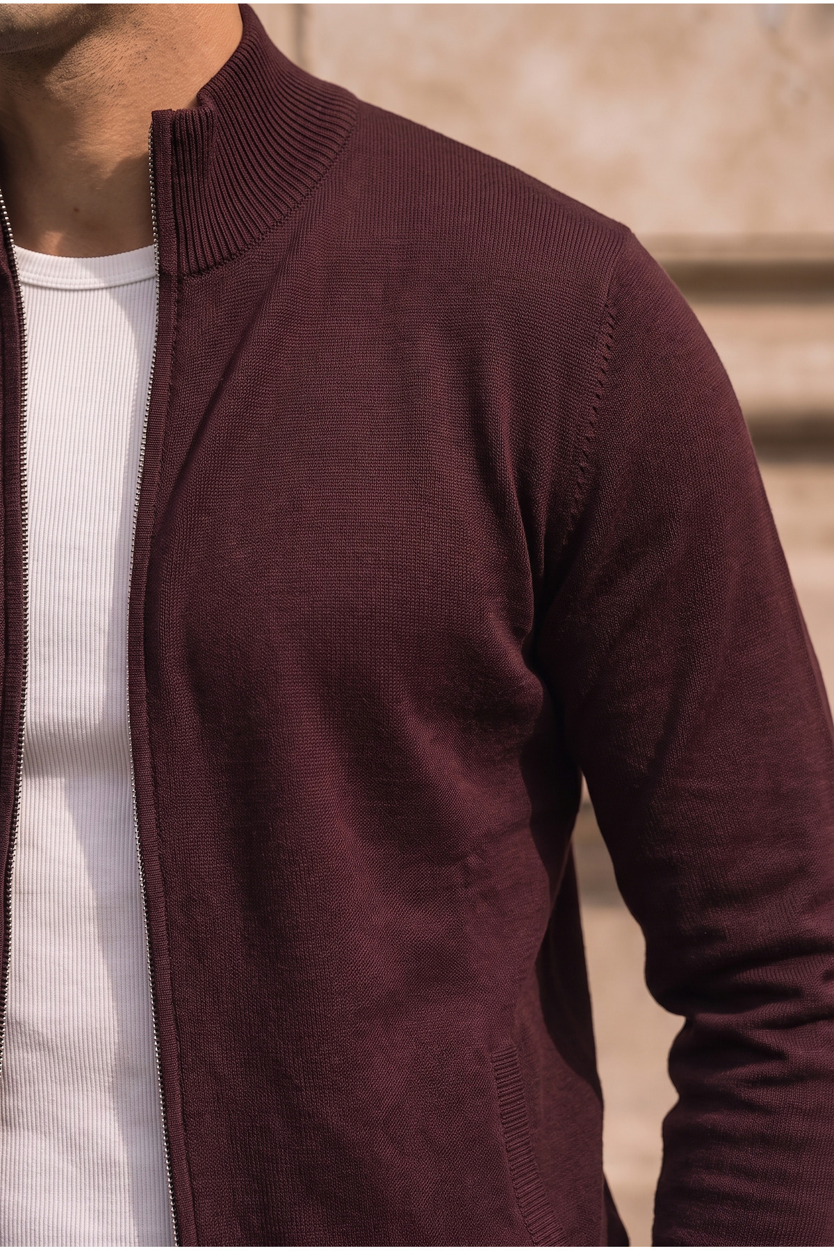 Volare Premium Likralı Fermuarlı Erkek Triko Hırka - Koyu Bordo — زرشکی DH10016 — تصویر 4 از 7