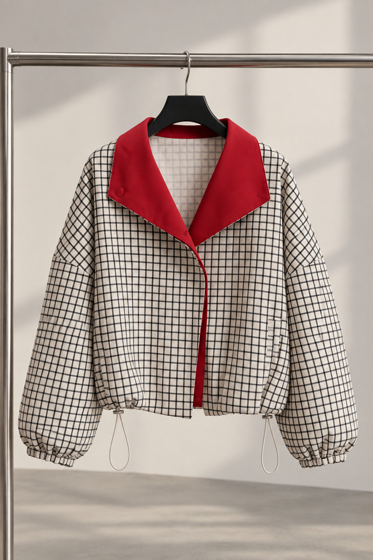 Trendsensin Lorven Kadın Oversize Ekose Ceket Kırmızı Yaka Balon Kol görsel 4