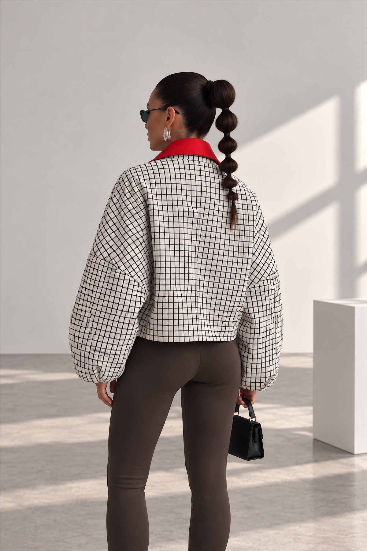 Trendsensin Lorven Kadın Oversize Ekose Ceket Kırmızı Yaka Balon Kol görsel 3