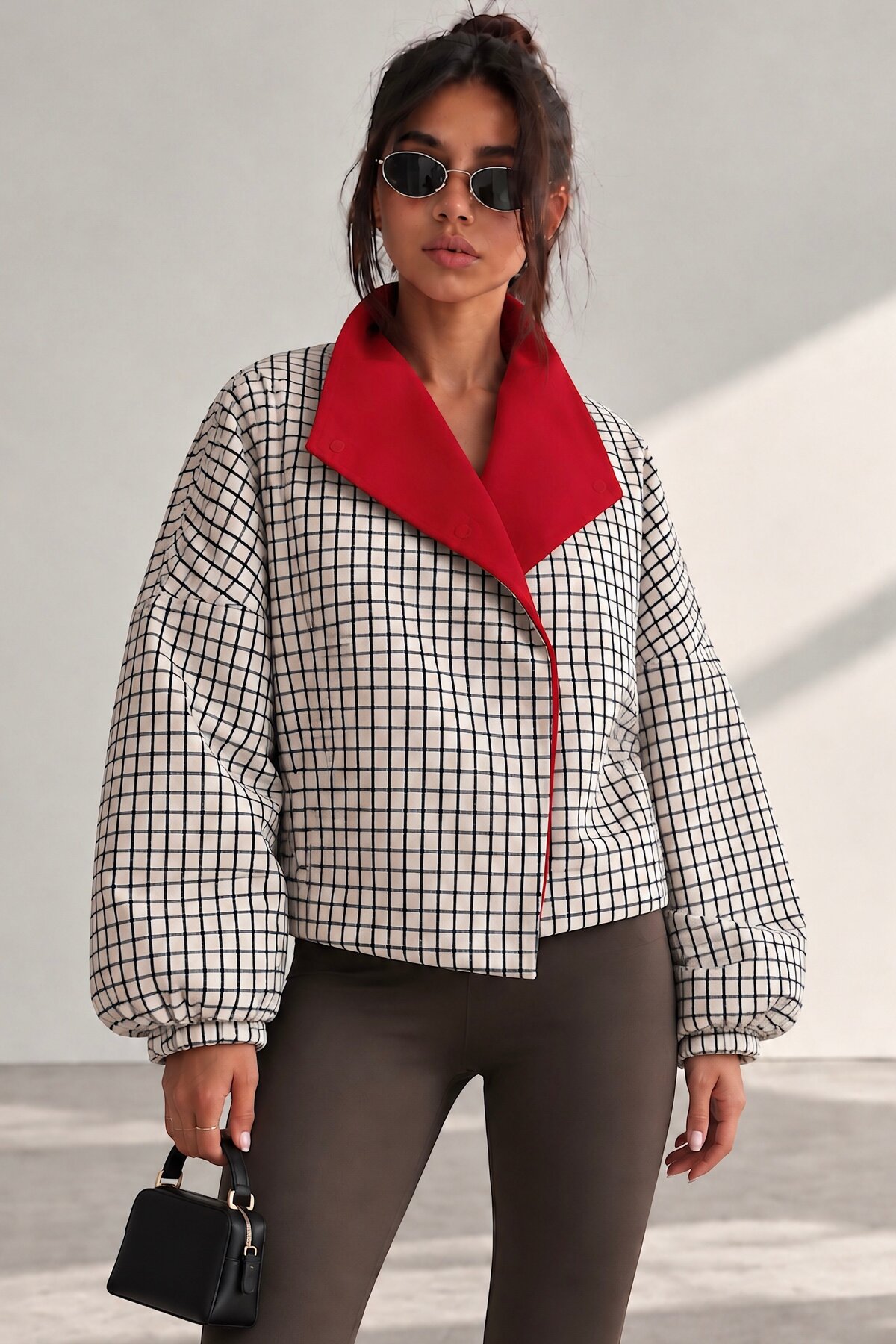 Trendsensin Lorven Kadın Oversize Ekose Ceket Kırmızı Yaka Balon Kol