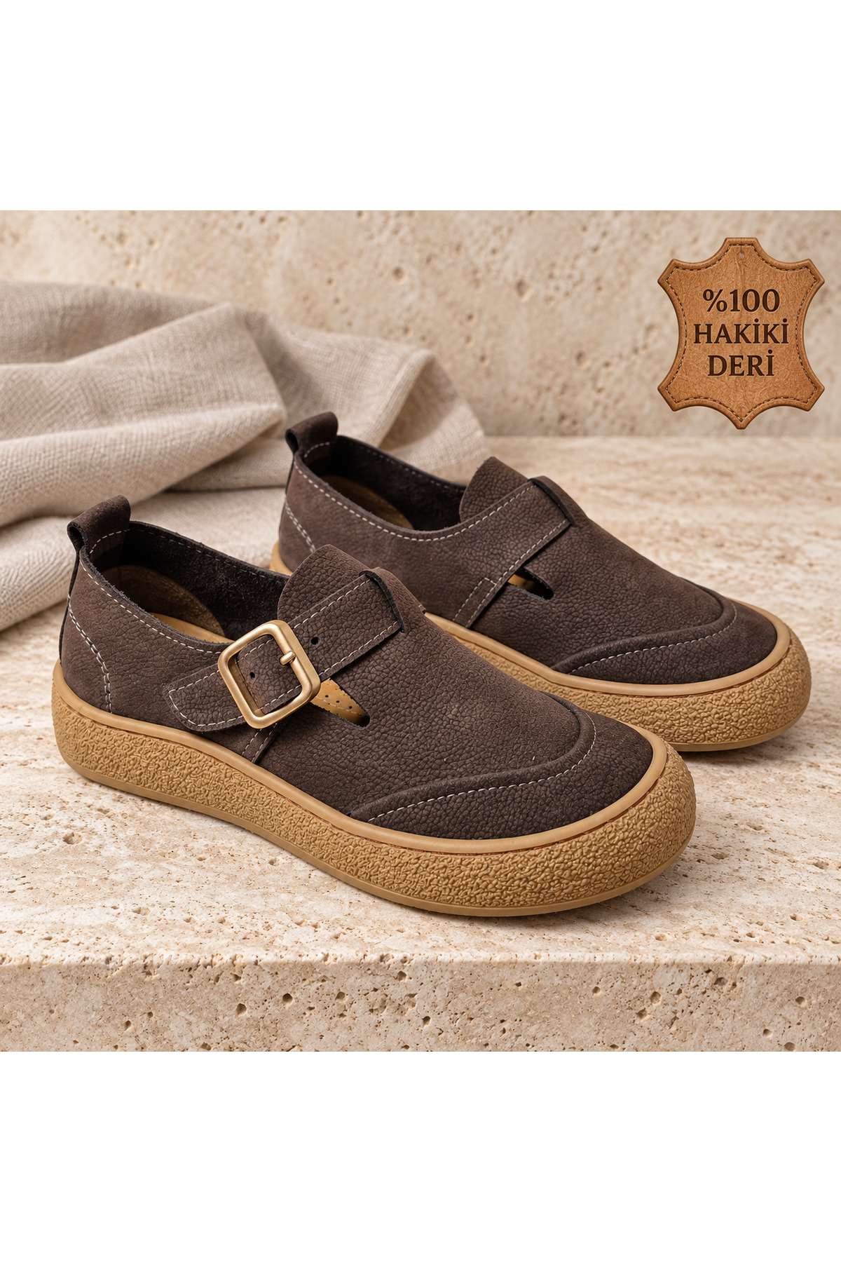 NEWORA Kadın %100 Hakiki Deri Tokalı Günlük Ayakkabı Yuvarlak Burun Casual Sneaker görsel 3