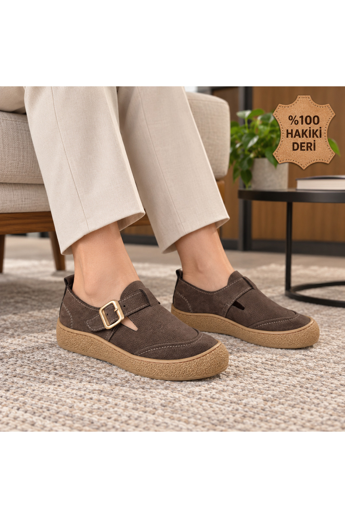 NEWORA Kadın %100 Hakiki Deri Tokalı Günlük Ayakkabı Yuvarlak Burun Casual Sneaker görsel 4