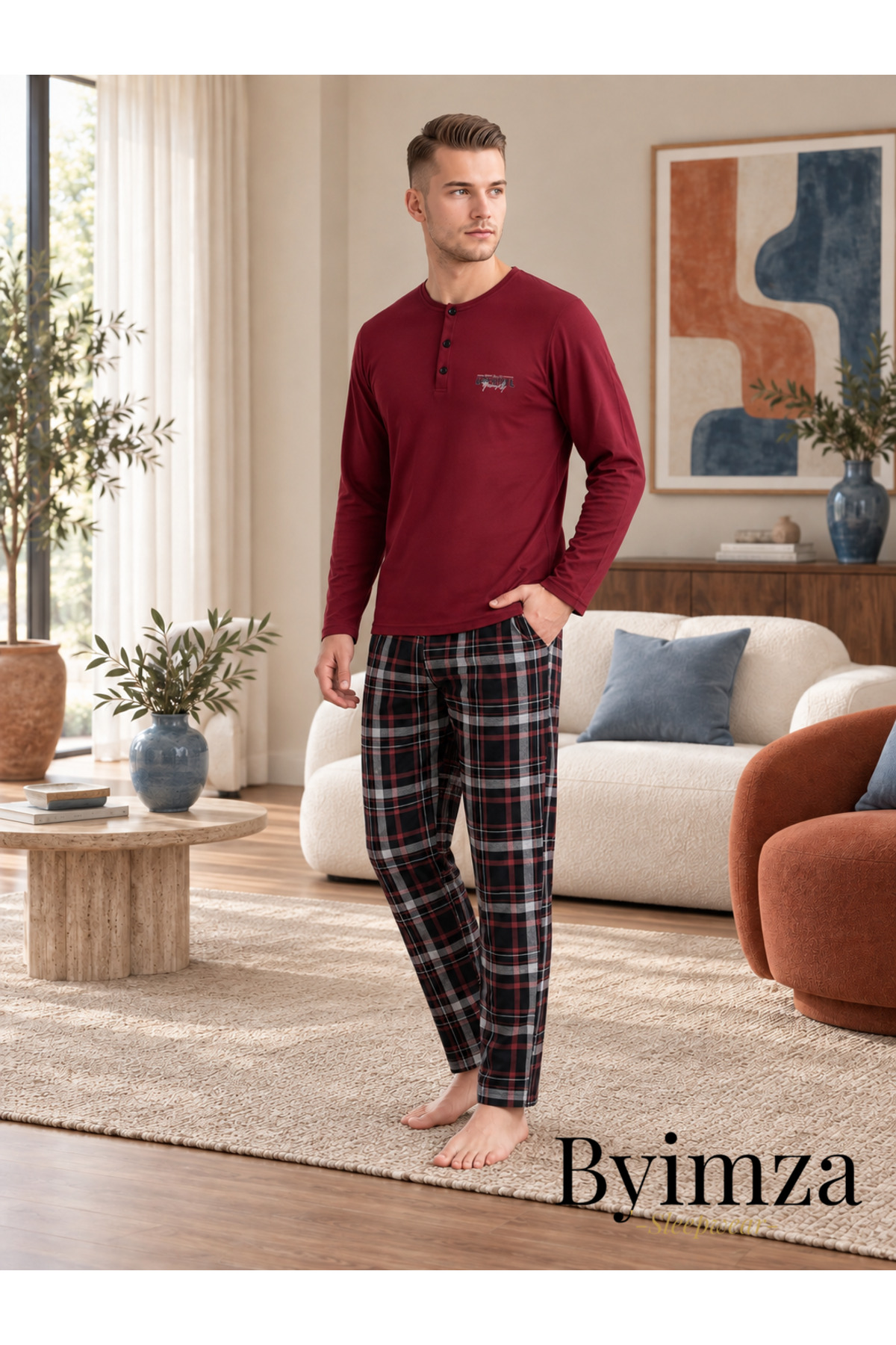 by imza Byimza Erkek Bordo Yuvarlak Yaka Yarım Pat Düğmeli Uzun Kollu Ekose Pijama Takımı