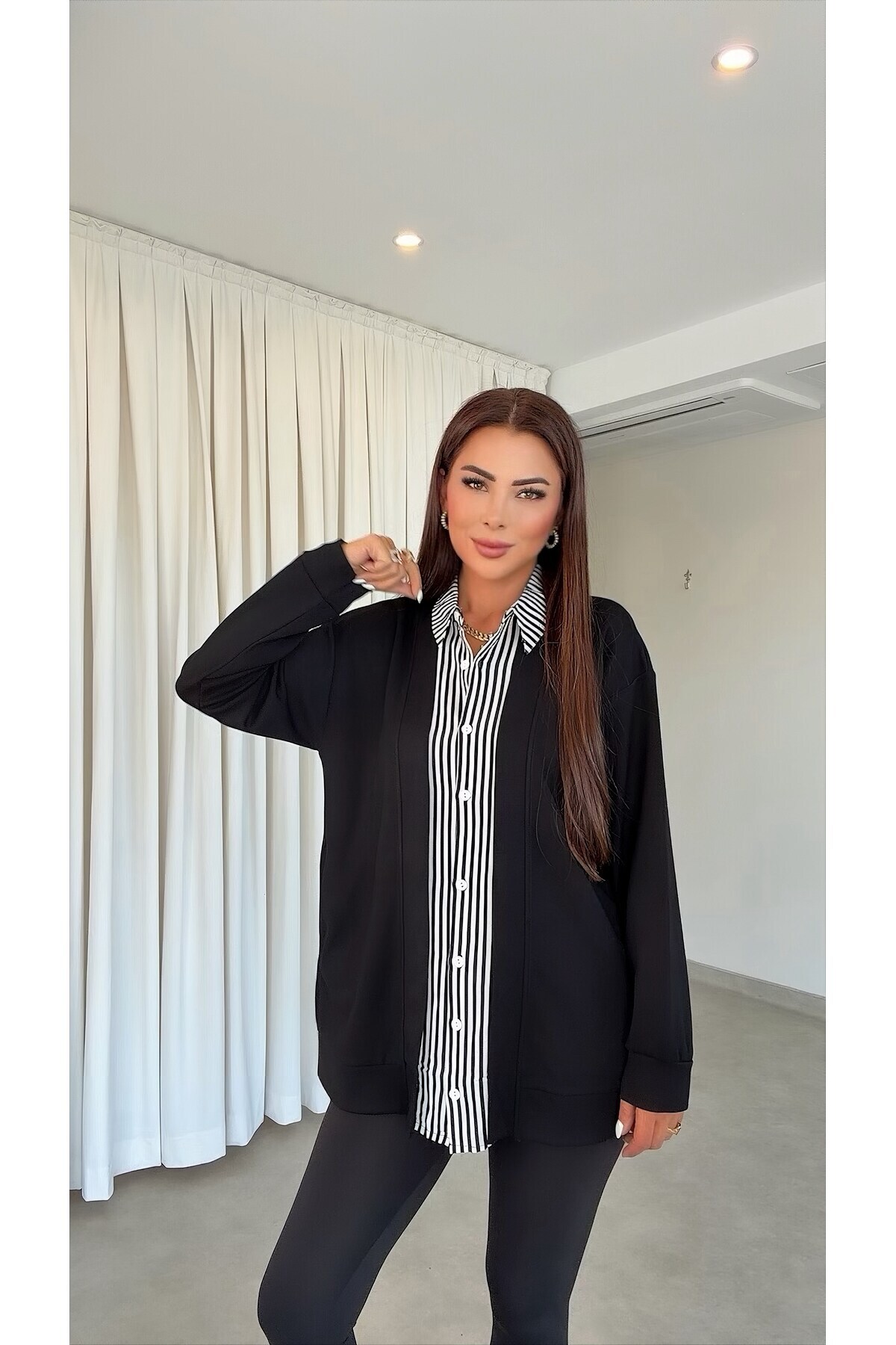 بلوز ژاکتی مشکی زنانه راه راه لولای 2