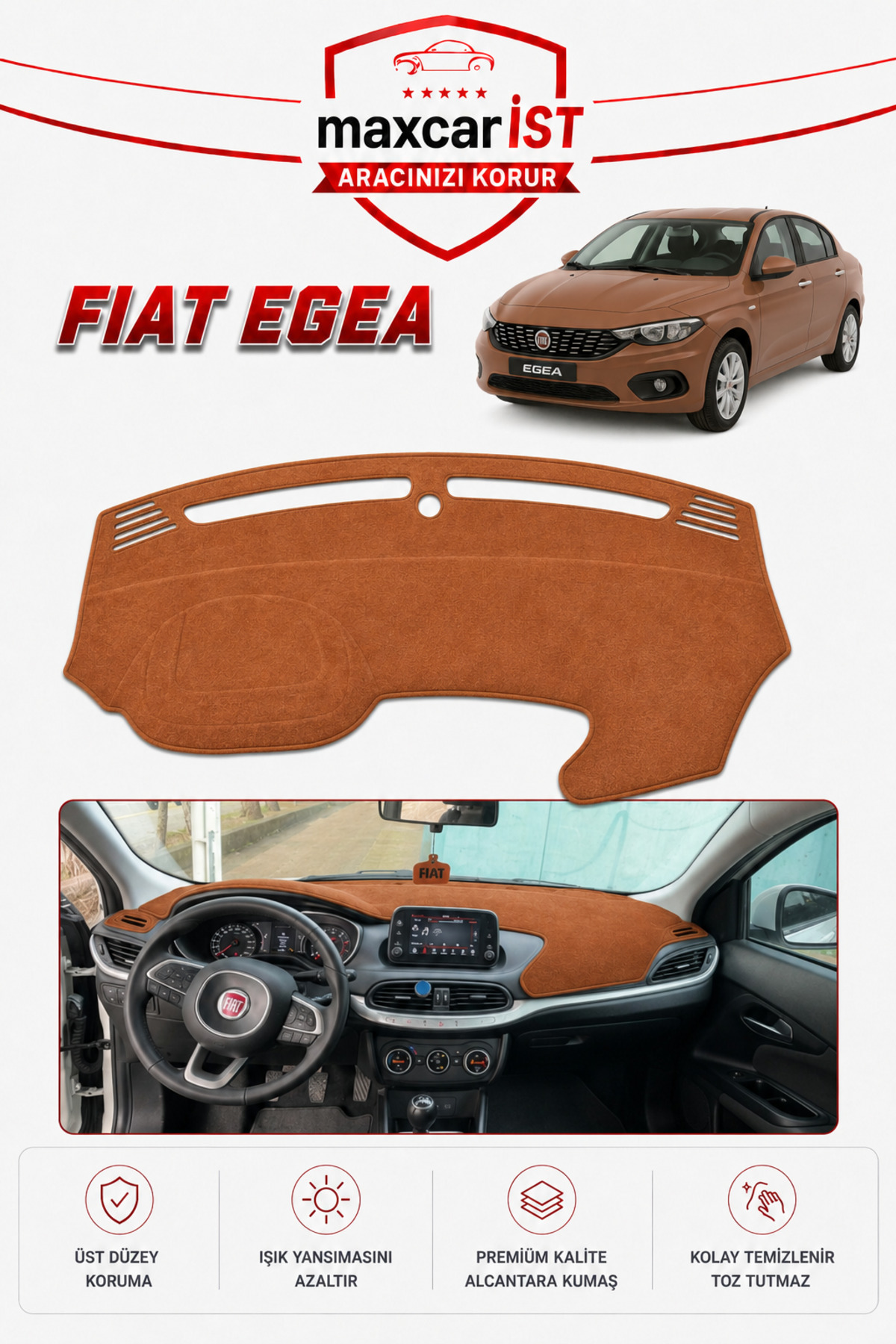 COLONY Fiat Egea Sedan Ekranlı Elegance Serisi Uyumlu Torpido Koruma Örtüsü/Kılıfı Taba