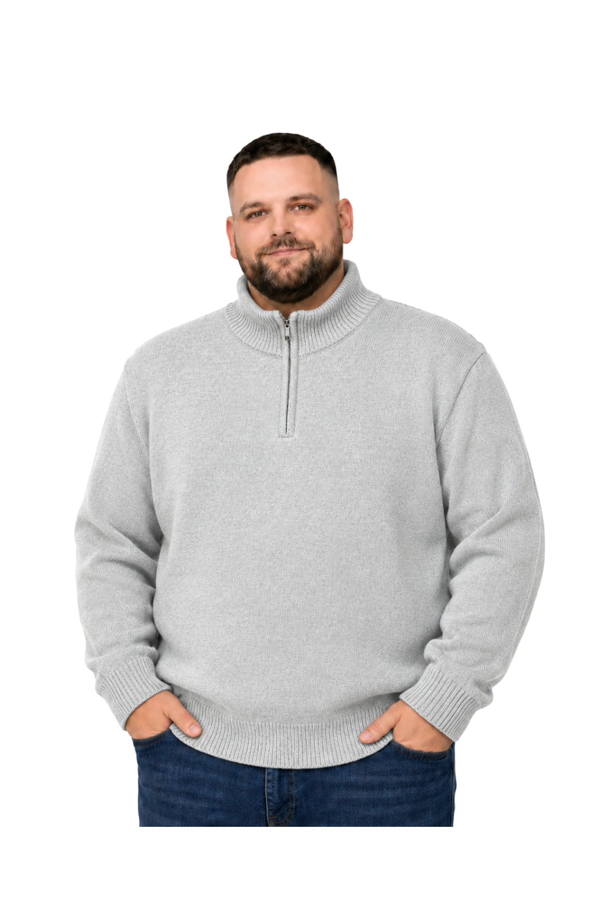 BattalModa Erkek Büyük Beden Açık Gri Hattush Fermuarlı Dik Yaka Triko Kazak 3XL-4XL-5XL-6XL