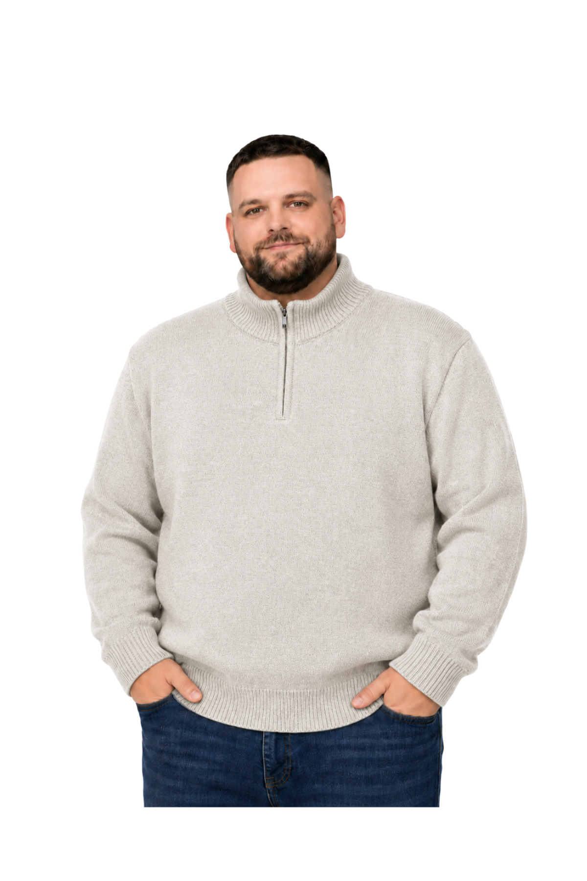 BattalModa Erkek Büyük Beden Koyu Bej Hattush Fermuarlı Dik Yaka Triko Kazak 3XL-4XL-5XL-6XL