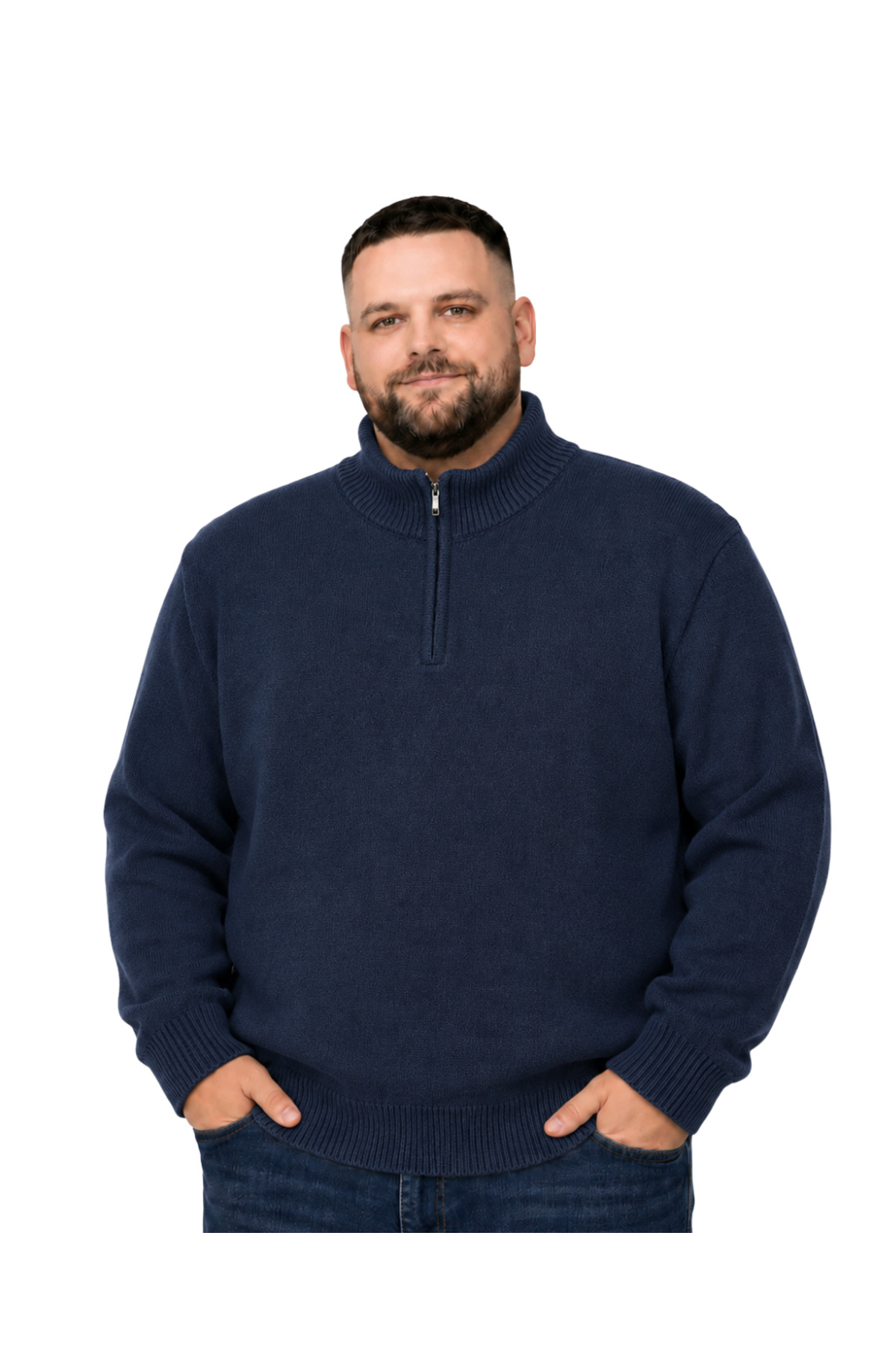 BattalModa Erkek Büyük Beden Lacivert Hattush Fermuarlı Dik Yaka Triko Kazak 3XL-4XL-5XL-6XL