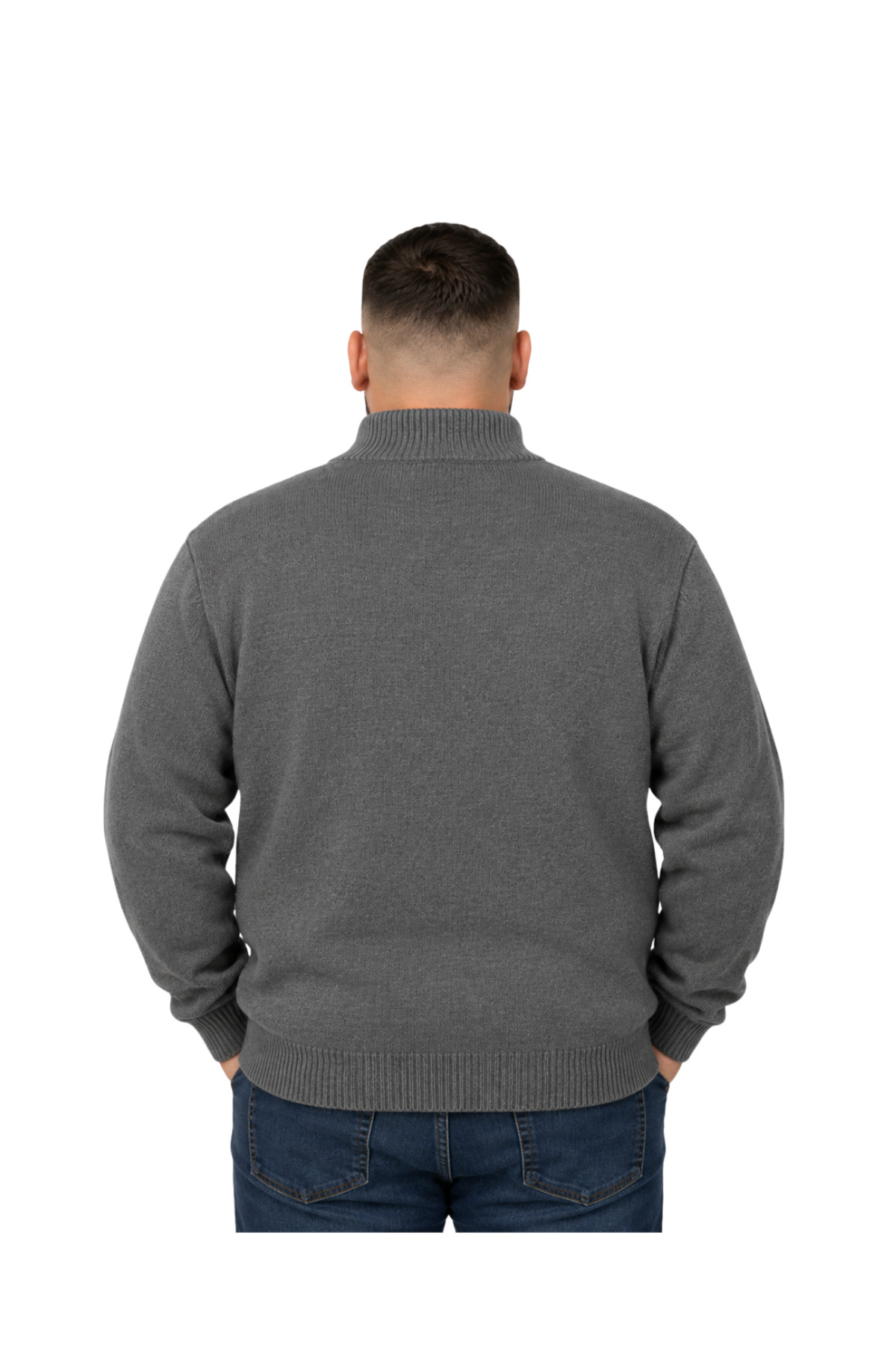 BattalModa Erkek Büyük Beden Füme Hattush Fermuarlı Dik Yaka Triko Kazak 3XL-4XL-5XL-6XL görsel 3