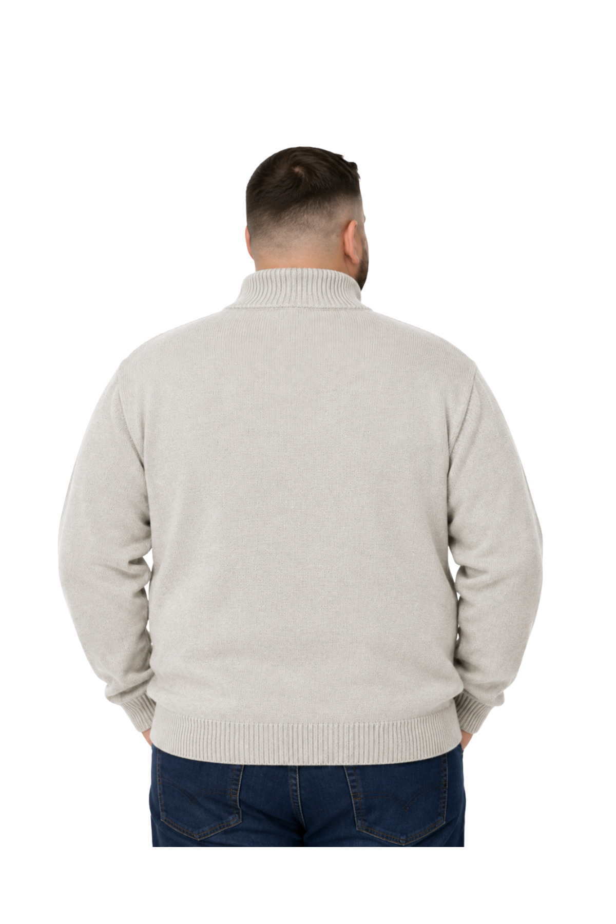 BattalModa Erkek Büyük Beden Koyu Bej Hattush Fermuarlı Dik Yaka Triko Kazak 3XL-4XL-5XL-6XL görsel 3