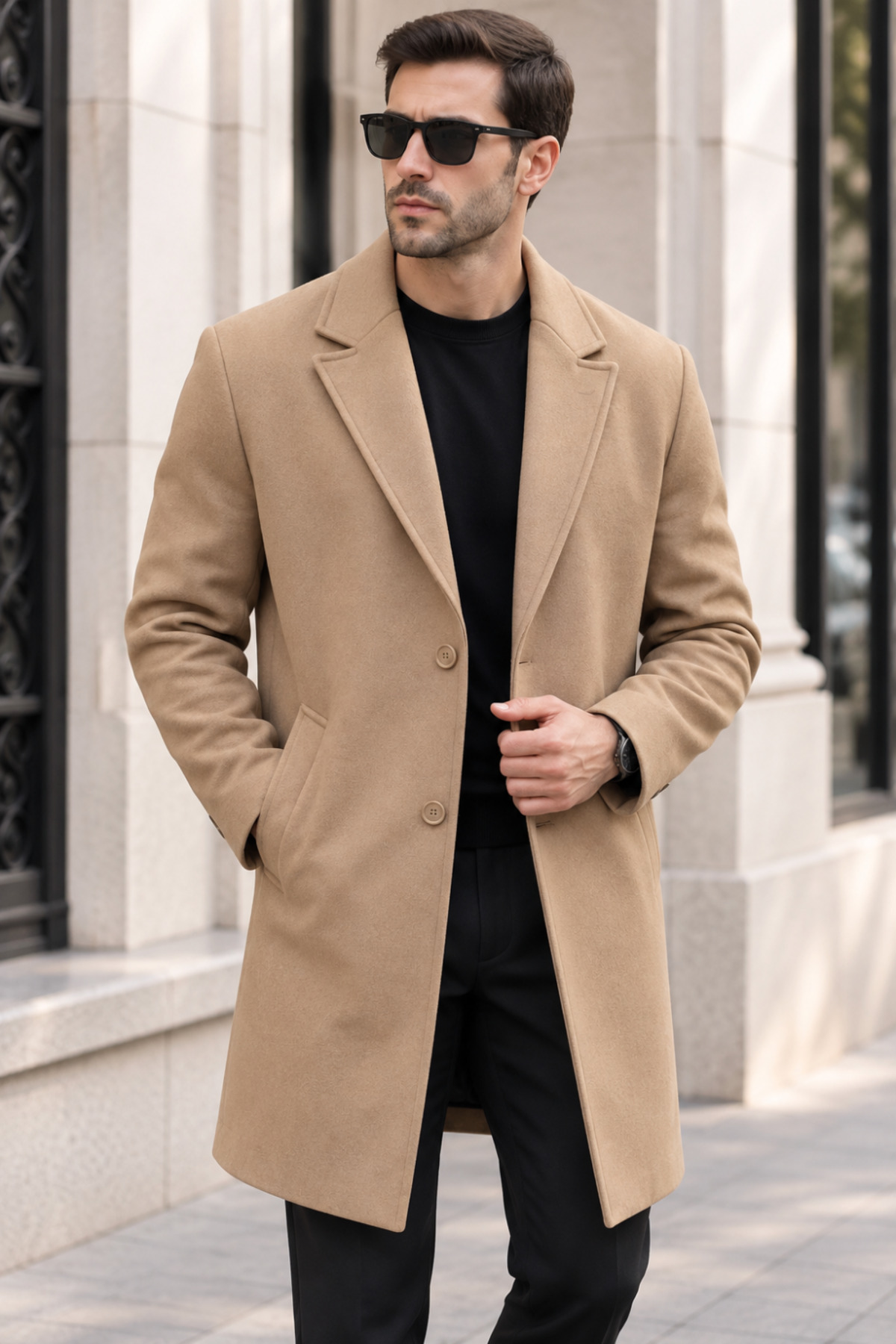 Erkek Klasik Yaka Tek Sıra Düğmeli Regular Fit Uzun Kaban - Camel — قهوه‌ای 1518PLST — تصویر 2 از 4