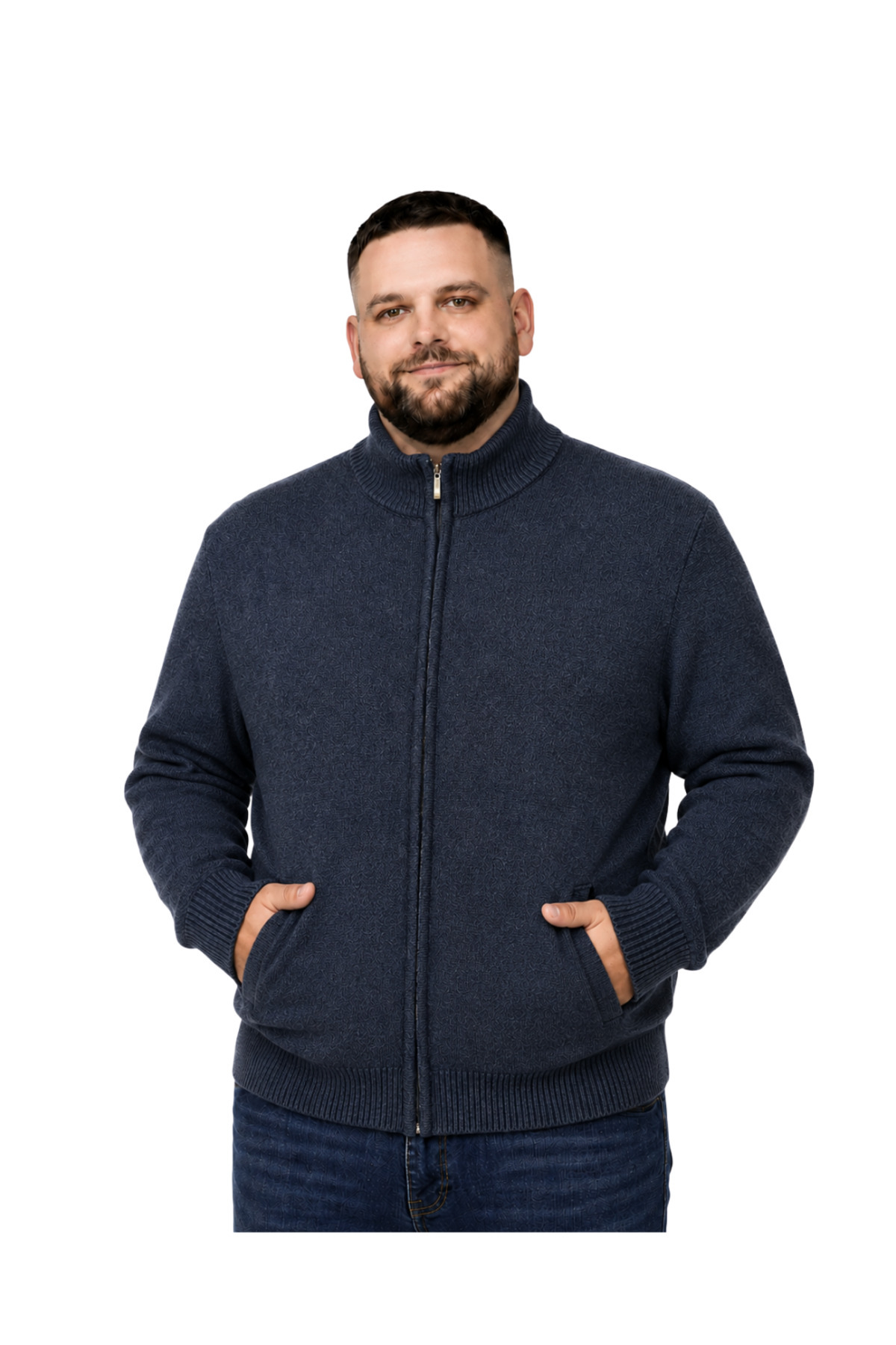 BattalModa Erkek Büyük Beden Lacivert Hattush Dik Yaka Cepli Triko Hırka 3XL-4XL-5XL-6XL