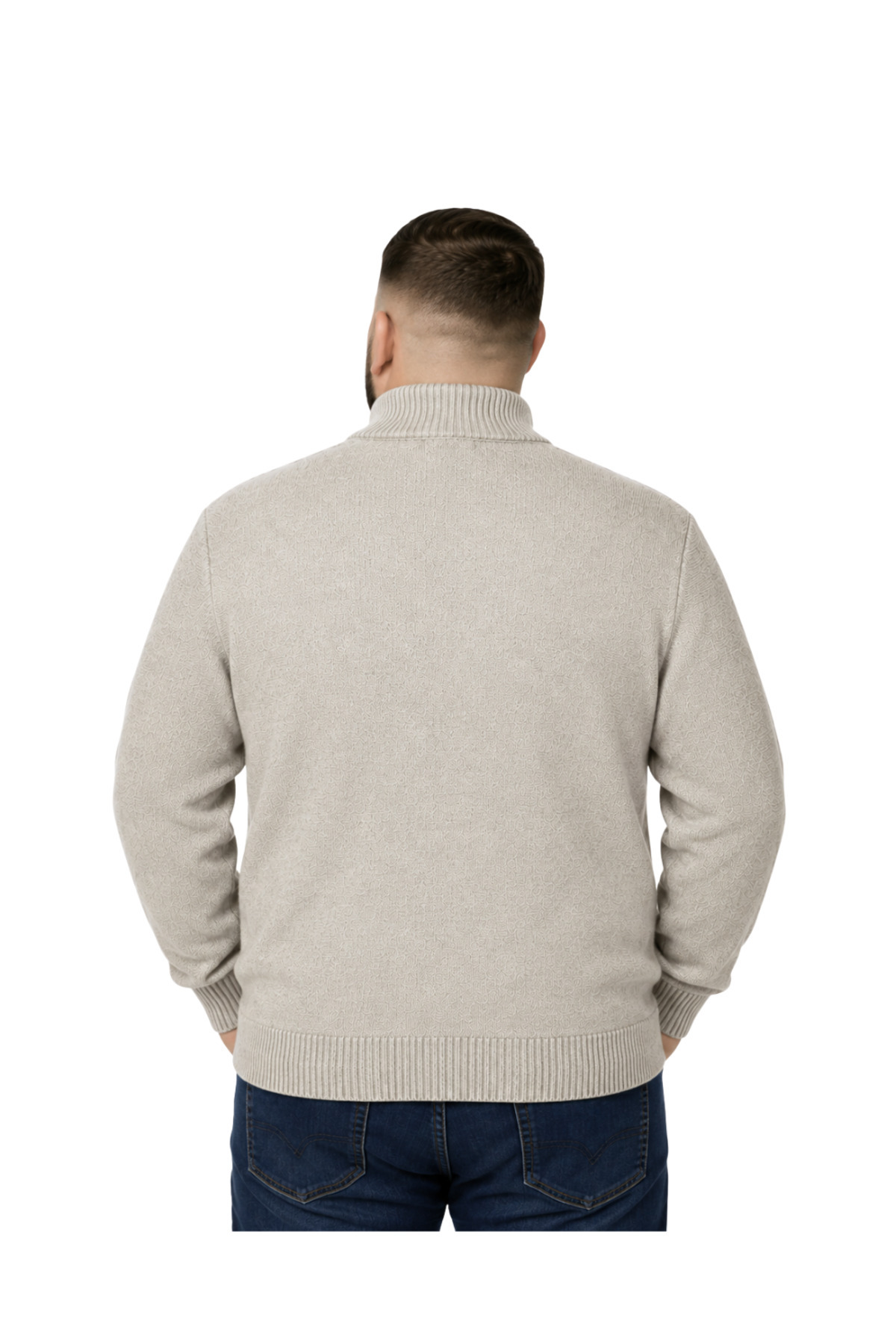 BattalModa Erkek Büyük Beden Koyu Bej Hattush Dik Yaka Cepli Triko Hırka 3XL-4XL-5XL-6XL görsel 3