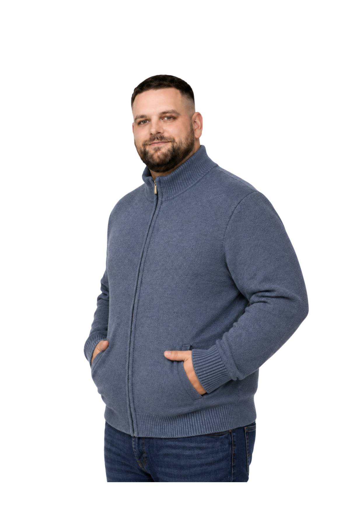 BattalModa Erkek Büyük Beden İndigo Hattush Dik Yaka Cepli Triko Hırka 3XL-4XL-5XL-6XL görsel 2