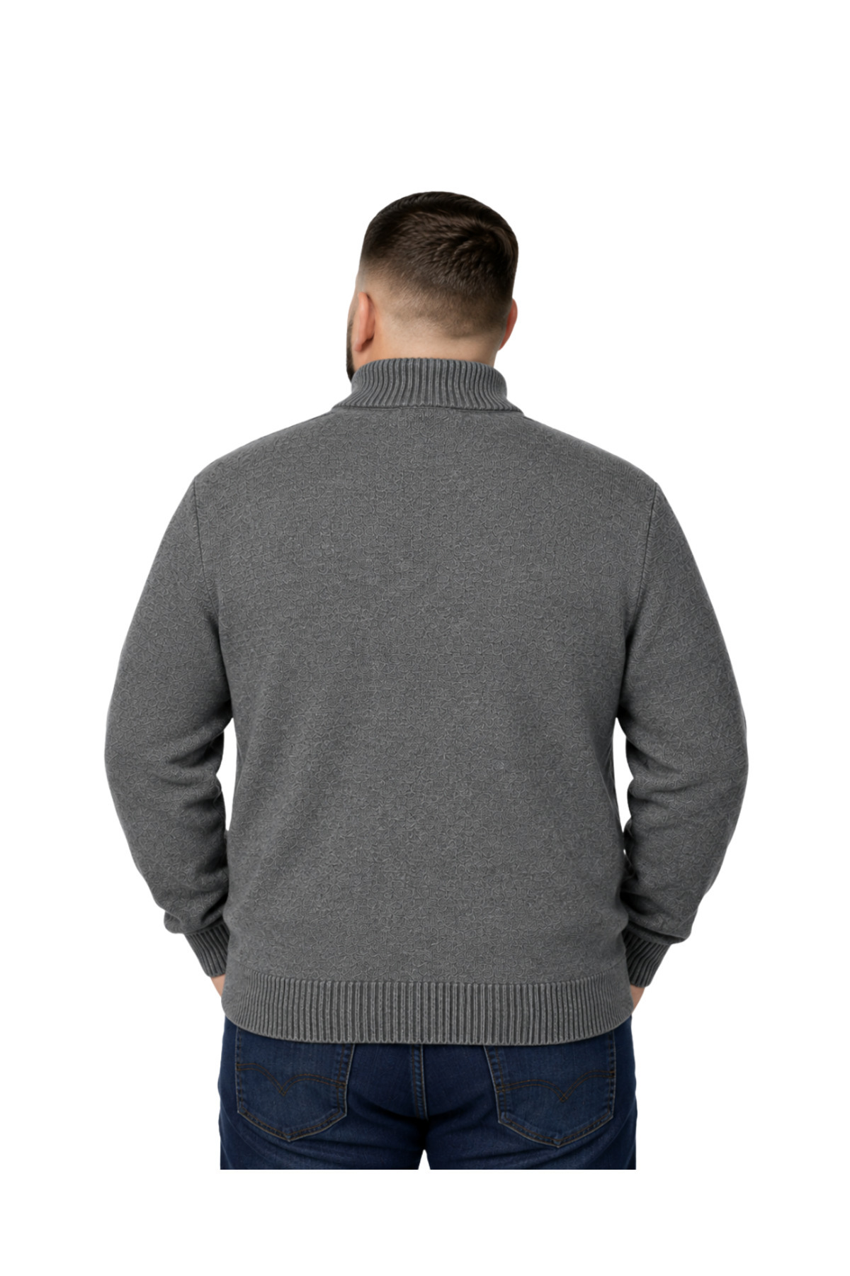 BattalModa Erkek Büyük Beden Füme Hattush Dik Yaka Cepli Triko Hırka 3XL-4XL-5XL-6XL görsel 3