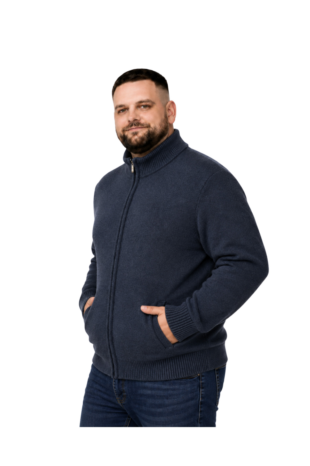 BattalModa Erkek Büyük Beden Lacivert Hattush Dik Yaka Cepli Triko Hırka 3XL-4XL-5XL-6XL görsel 2