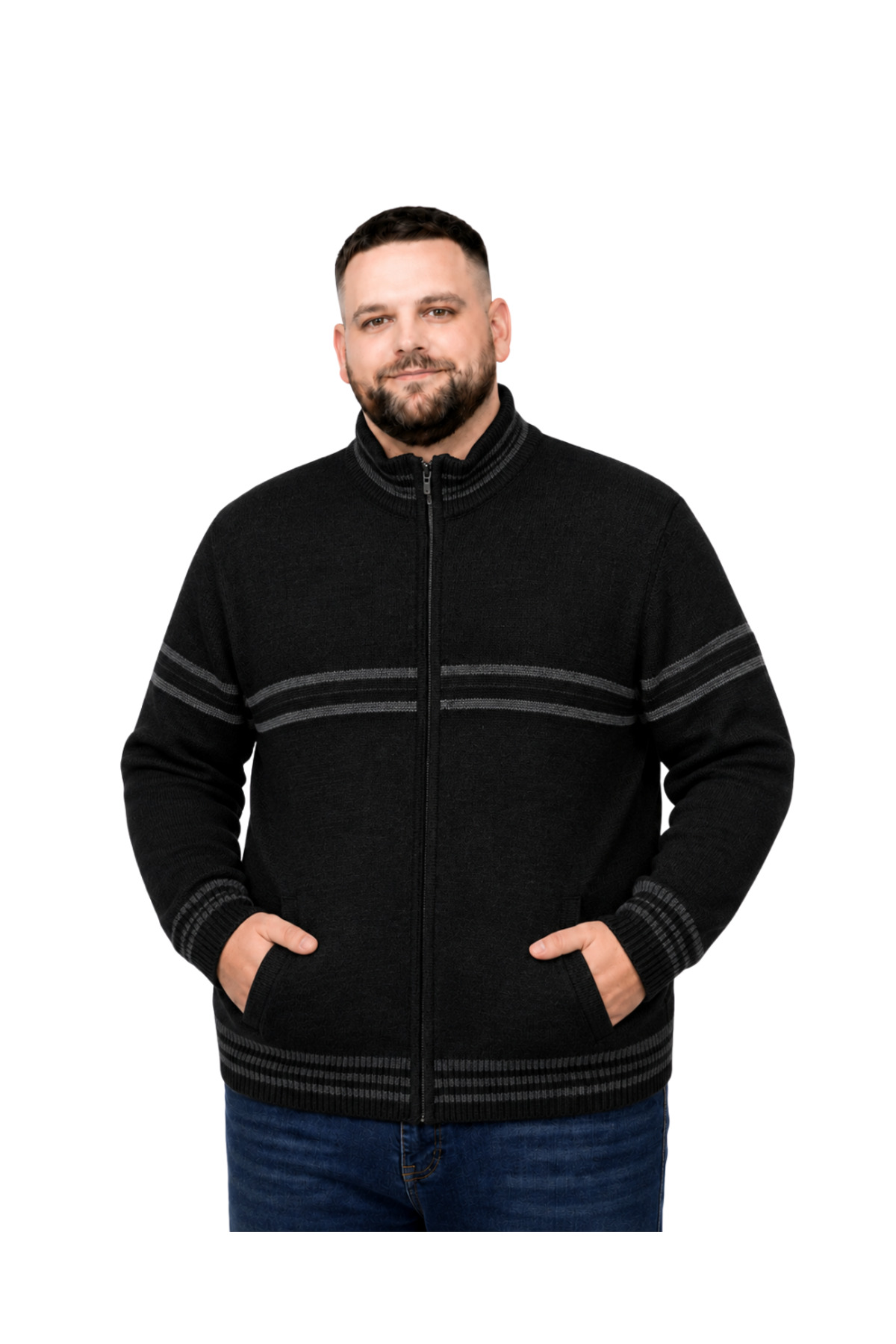BattalModa Erkek Büyük Beden Siyah Desenli Cepli Triko Hırka 3XL-4XL-5XL-6XL