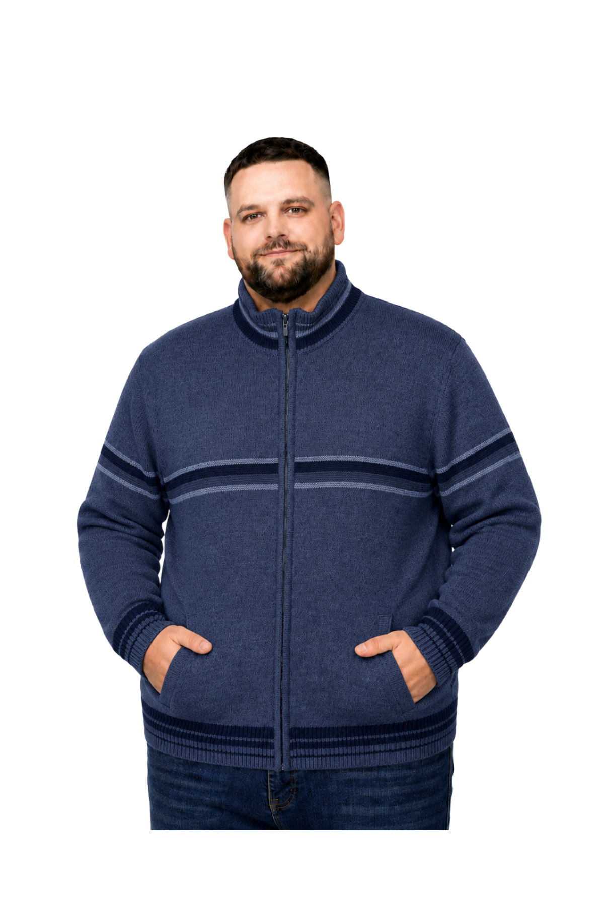 BattalModa Erkek Büyük Beden İndigo Desenli Cepli Triko Hırka 3XL-4XL-5XL-6XL
