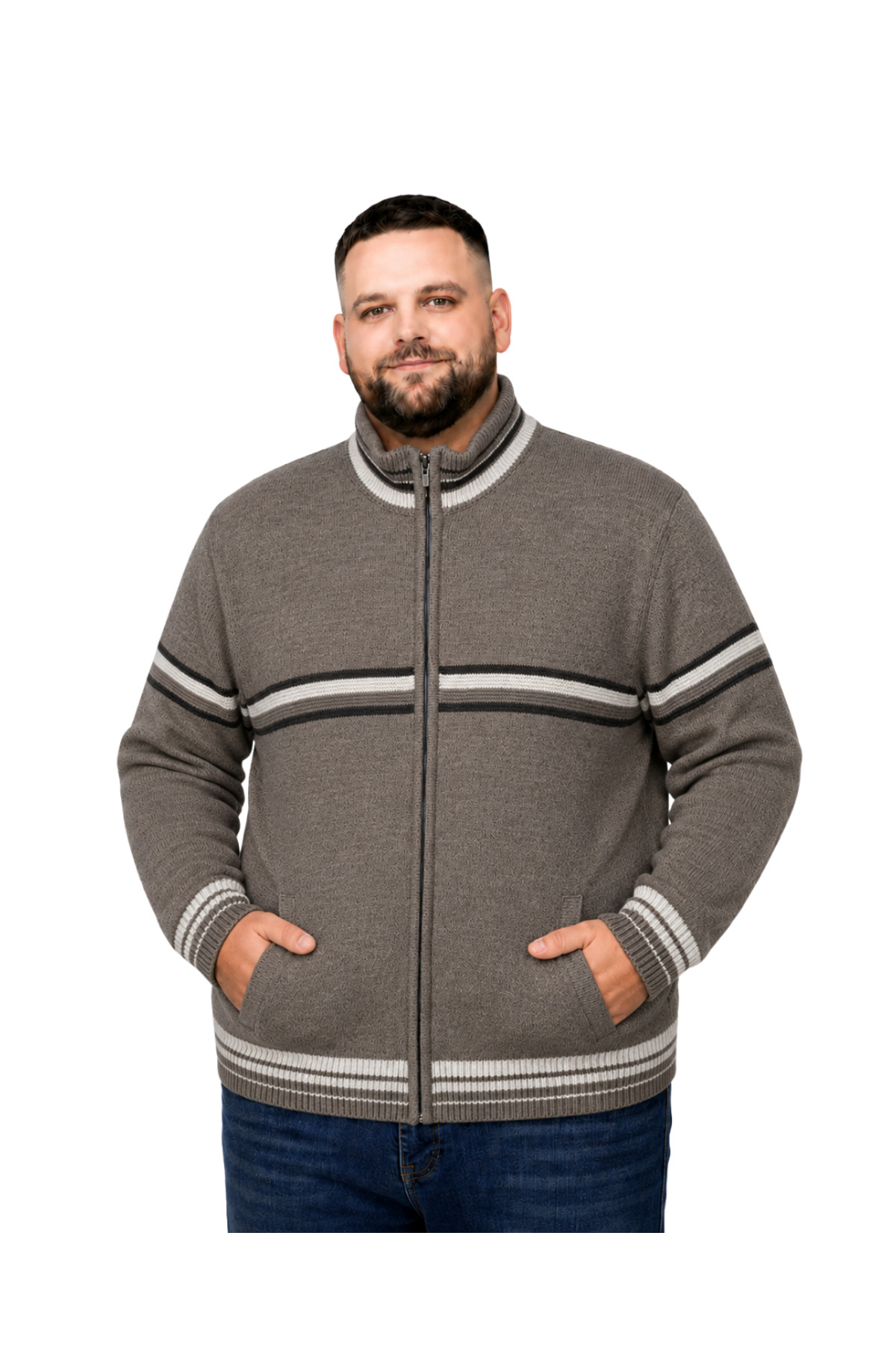 BattalModa Erkek Büyük Beden Vizon Desenli Cepli Triko Hırka 3XL-4XL-5XL-6XL