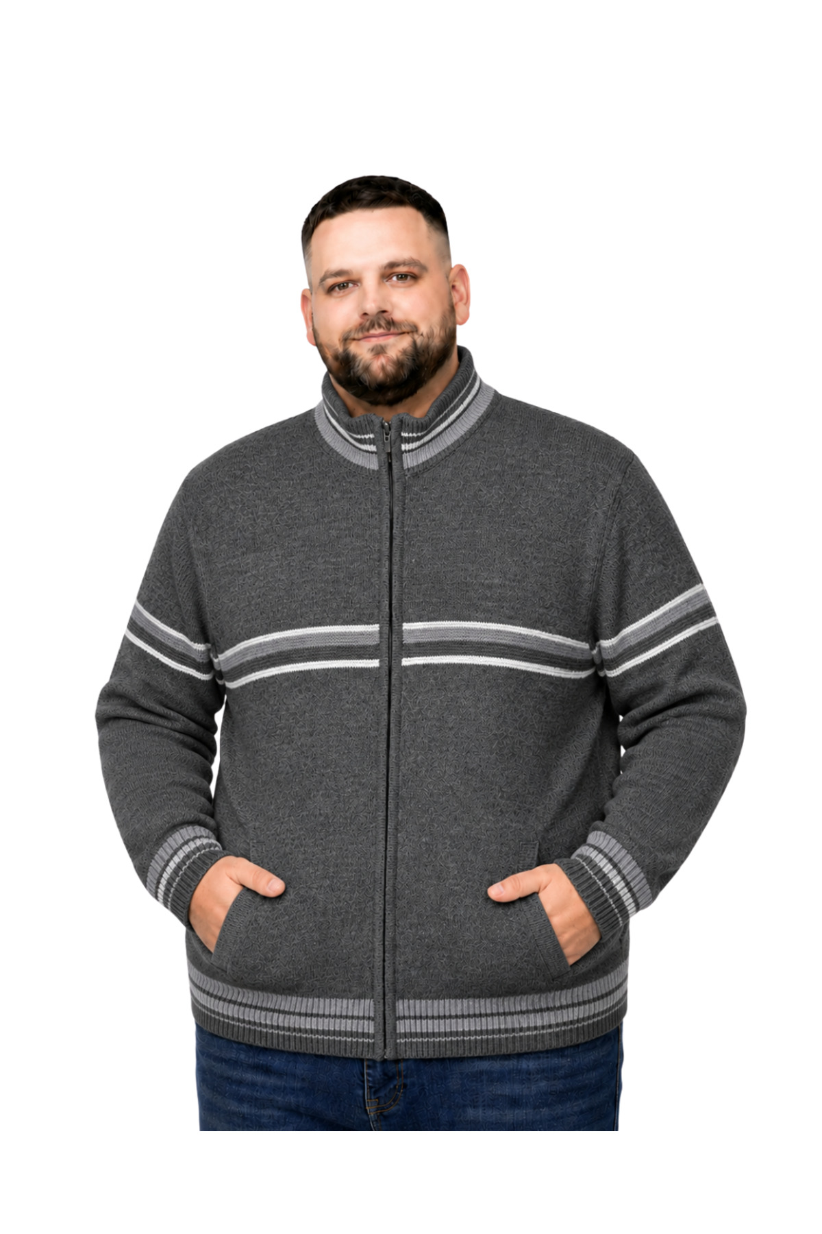 BattalModa Erkek Büyük Beden Füme Desenli Cepli Triko Hırka 3XL-4XL-5XL-6XL