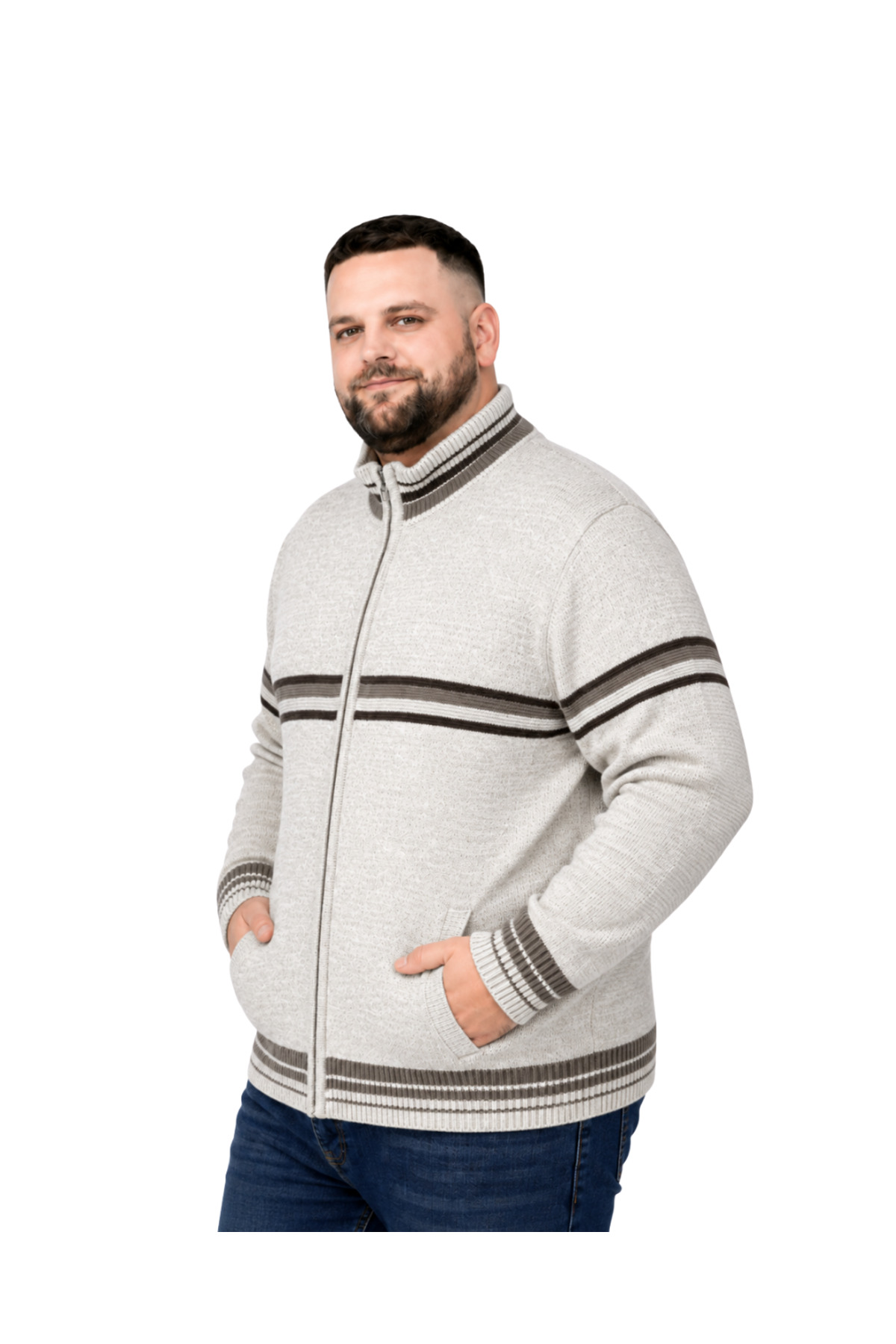 BattalModa Erkek Büyük Beden Koyu Bej Desenli Cepli Triko Hırka 3XL-4XL-5XL-6XL görsel 2