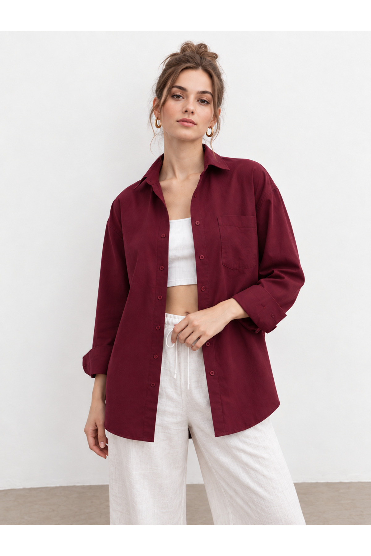 Bipantolon Kadın Bordo Oversize Basic Cep Detaylı Poplin Uzun Kol Gömlek