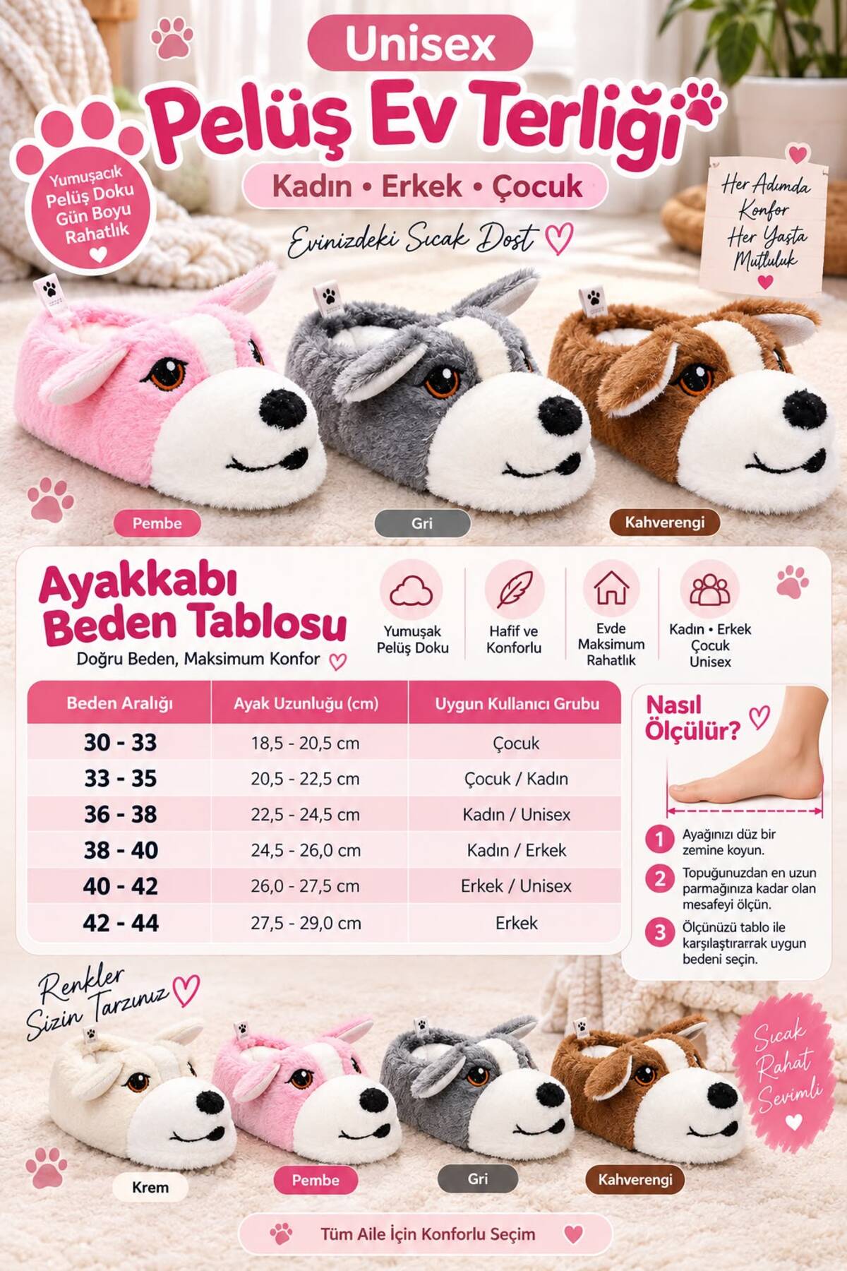 SOLERO Unisex Peluş Köpek Ev Terliği Kadın, Erkek ve Çocuk Kışlık Sıcak Yumuşak Hayvan Figürlü Panduf görsel 4