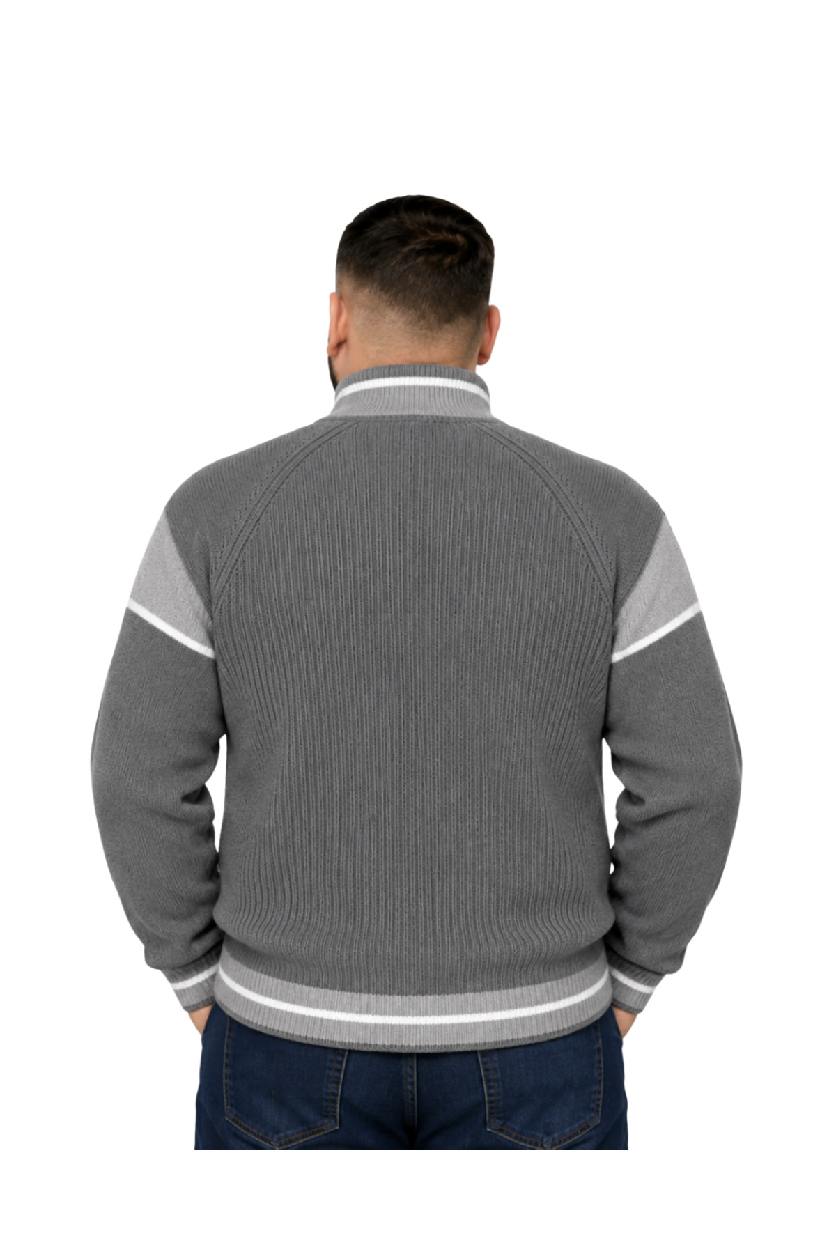 BattalModa Erkek Büyük Beden Füme Hattush Fermuarlı Dik Yaka Desenli Triko Kazak 3XL-4XL-5XL-6XL görsel 3