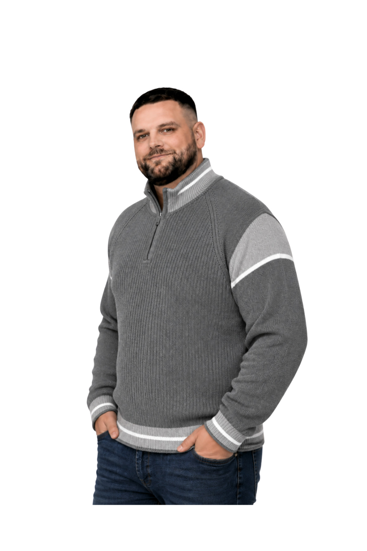 BattalModa Erkek Büyük Beden Füme Hattush Fermuarlı Dik Yaka Desenli Triko Kazak 3XL-4XL-5XL-6XL görsel 2