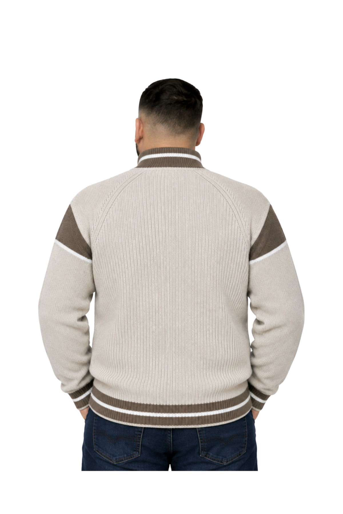 BattalModa Erkek Büyük Beden Koyu Bej Hattush Fermuarlı Dik Yaka Desenli Triko Kazak 3XL-4XL-5XL-6XL görsel 3