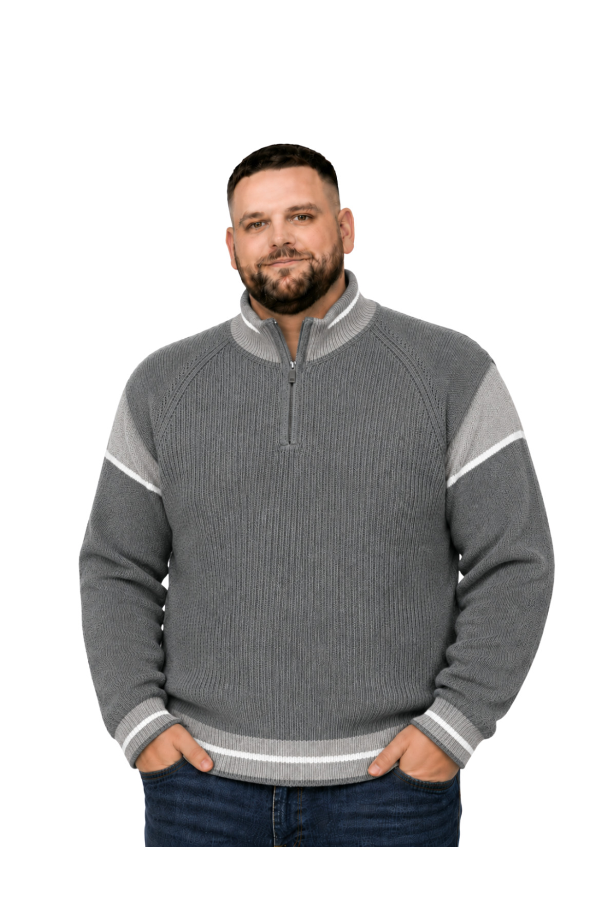 BattalModa Erkek Büyük Beden Füme Hattush Fermuarlı Dik Yaka Desenli Triko Kazak 3XL-4XL-5XL-6XL